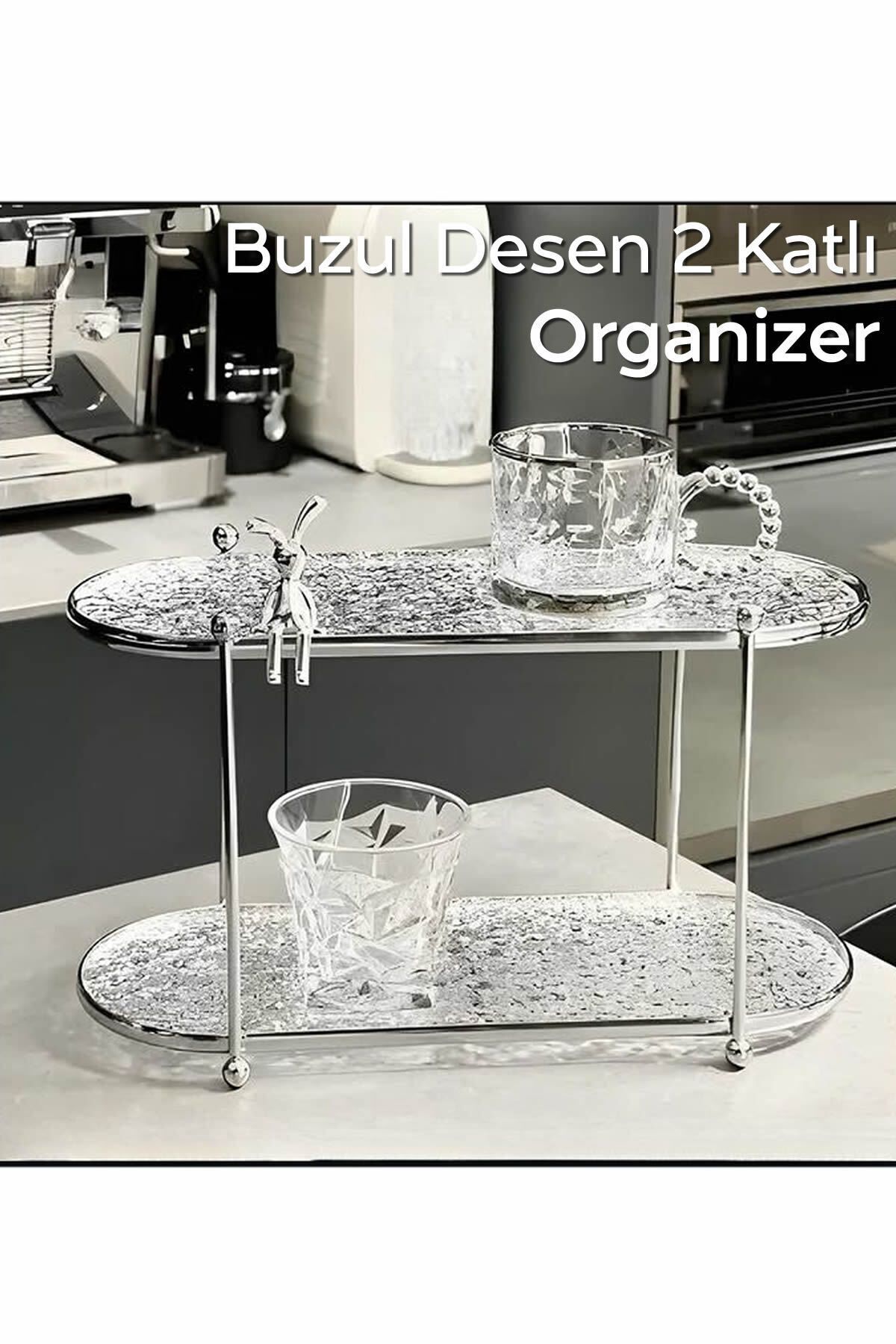 teknotrust Kırık Cam Desenli Kristal Şeffaf 2 Katlı Organizer Dekoratif Model | 38x15x20 cm