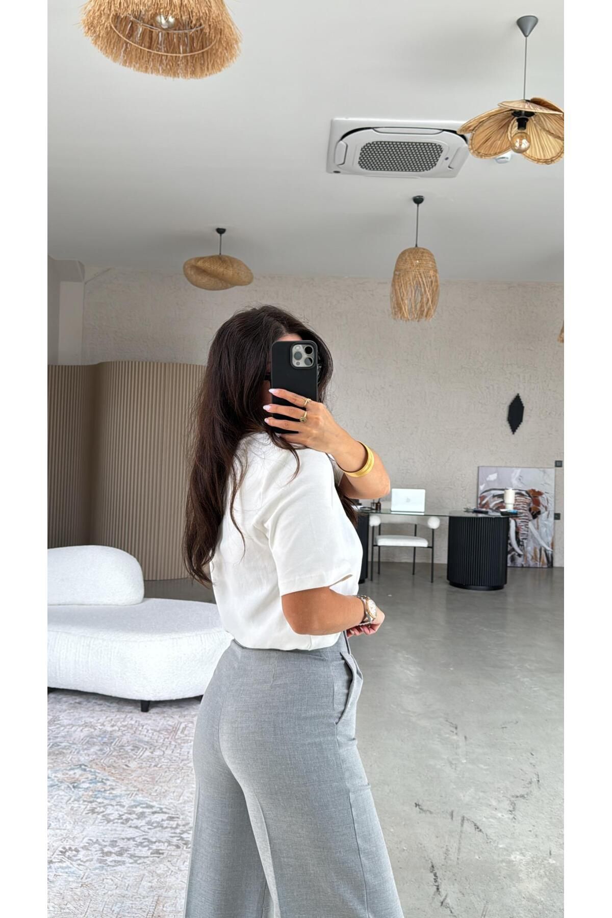 Buket Teke Gri Bol Paça Çift Pileli Pantolon