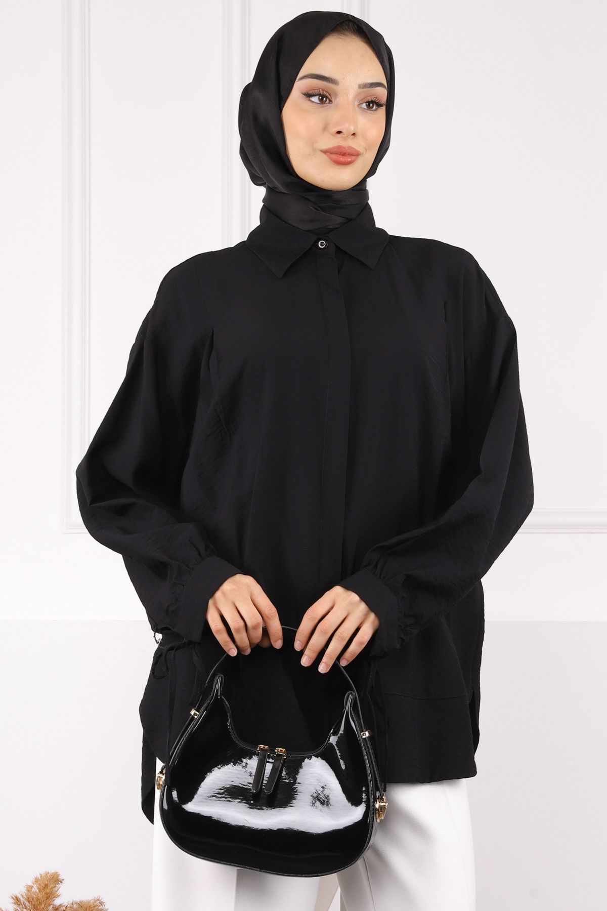 İmajButik Siyah Kol Bağlamalı Salaş Gömlek