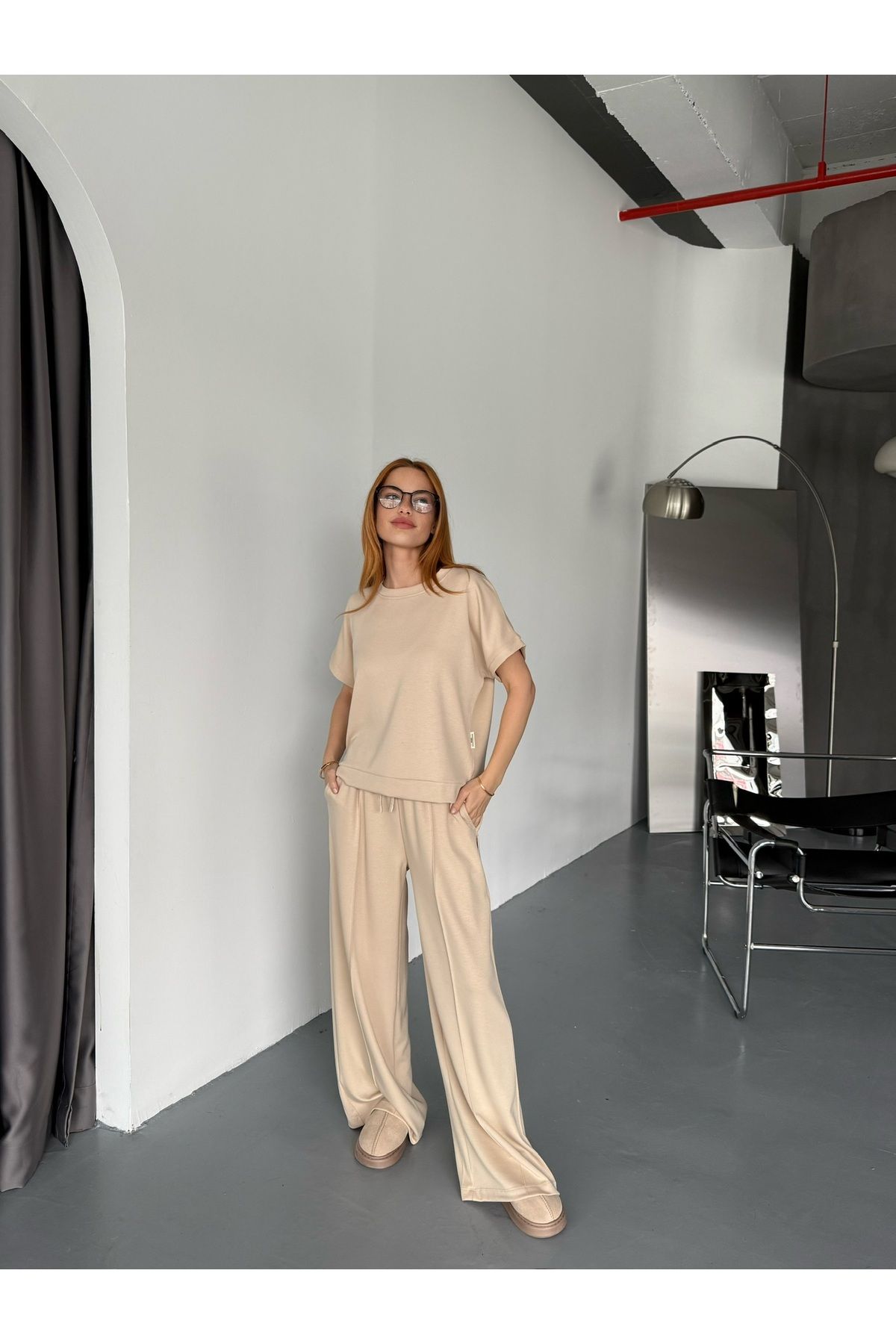 Cappmoda TKM-1111 Bej Rengi Kısa Kollu Bluz Çimalı Salaş Palazzo Alt İkili Takım