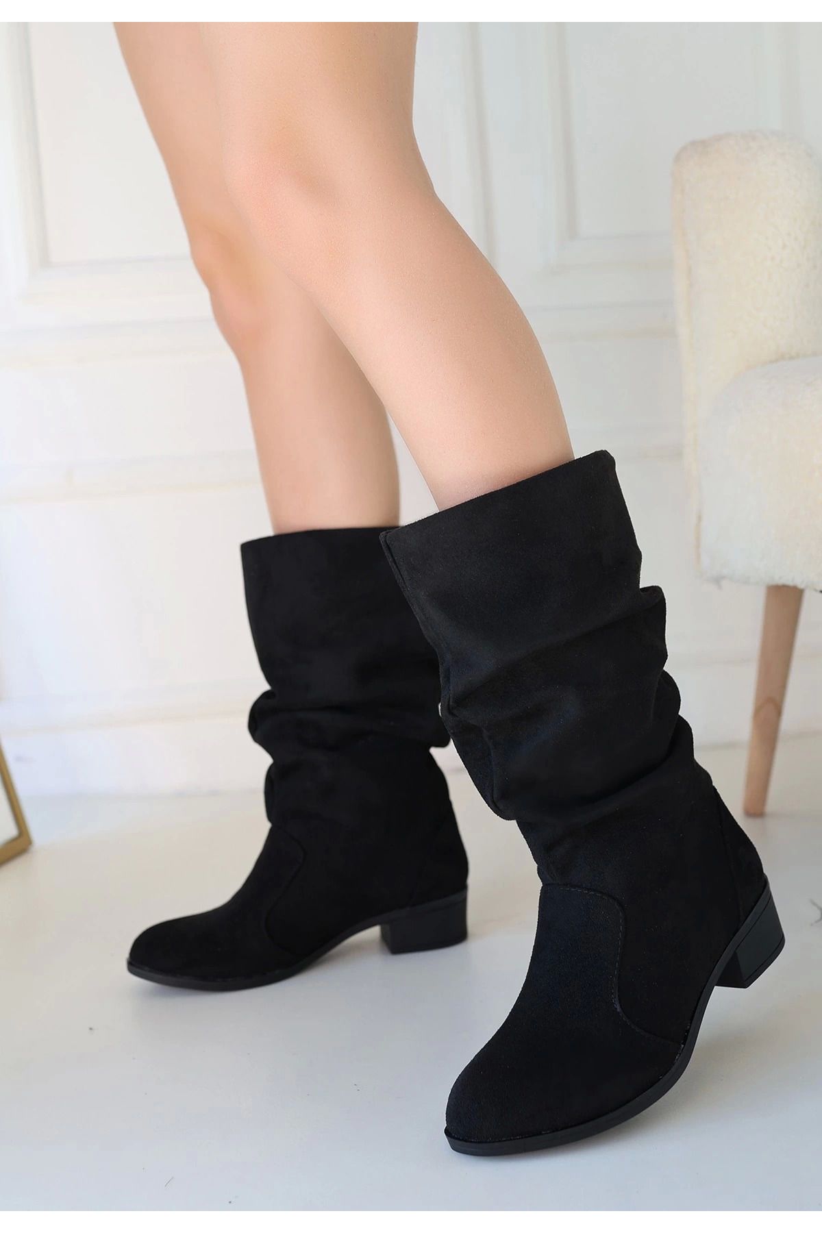Shop58 Jolin Siyah Süet Topuklu Çizme