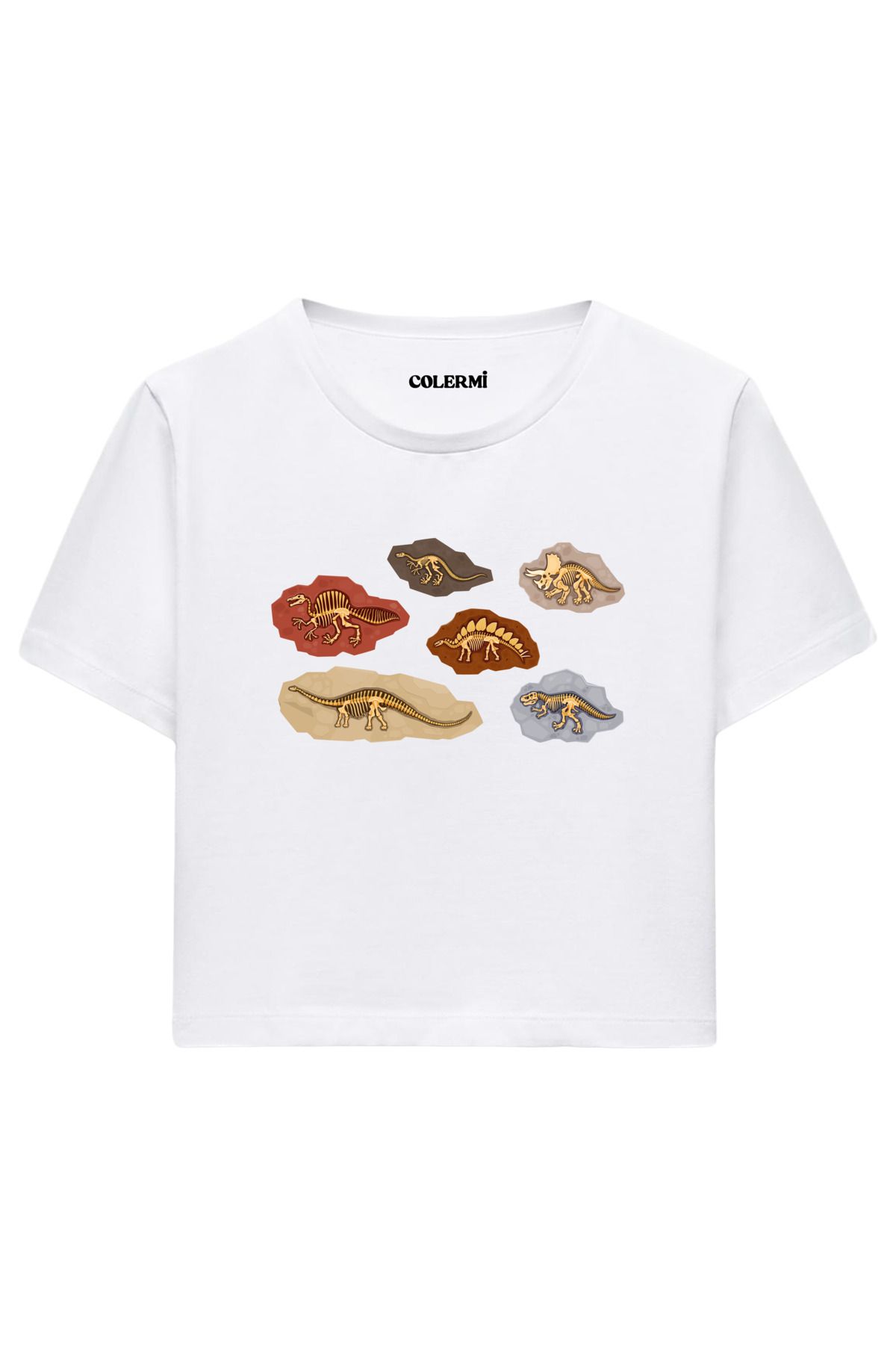 Colermi Dinozor Fosil Baskılı %100 Pamuk Kadın Crop Tshirt