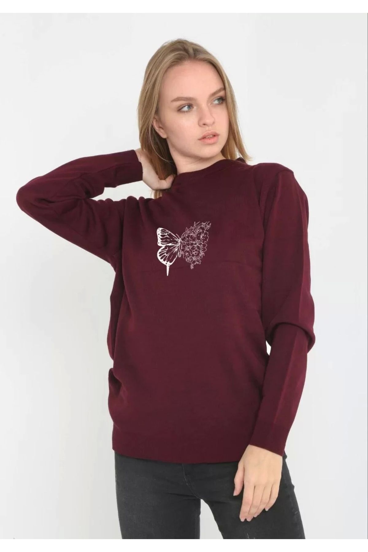 CVS Unisex Bisiklet Yaka Baskılı Dokuma Triko - Bordo