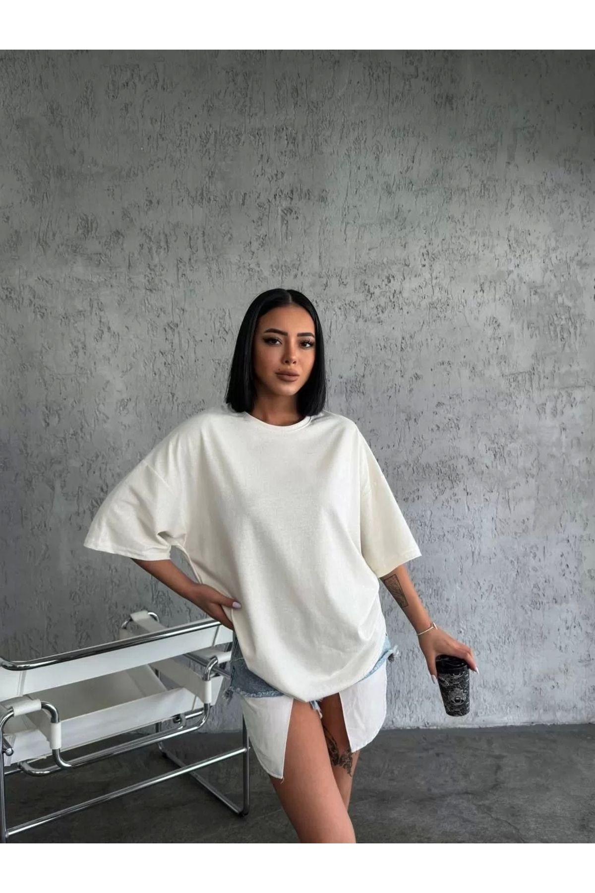 CVS Unisex Düz Biskilet Yaka Oversize T-shirt - Beyaz