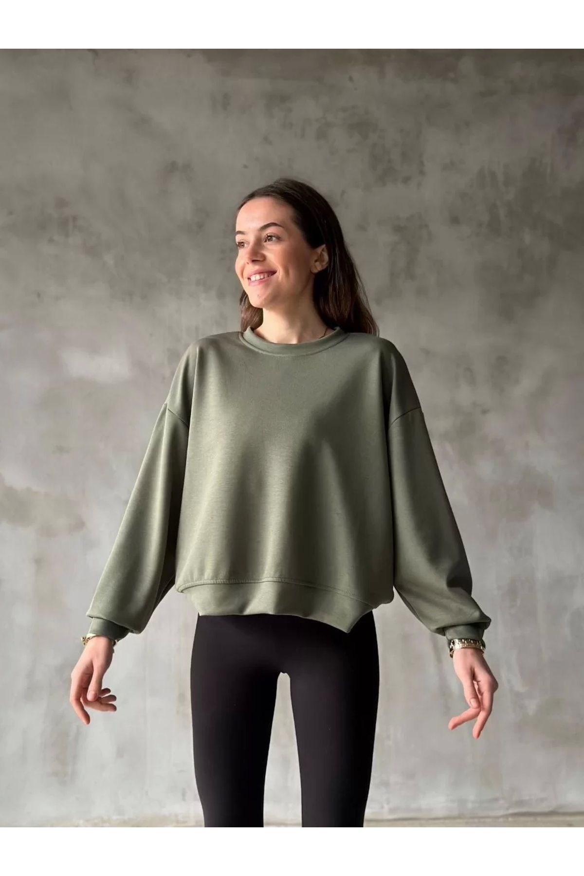 CVS Osy Modal Yumuşak dokulu Kumaş Bisiklet Yaka Oversize Sweatshirt - Haki