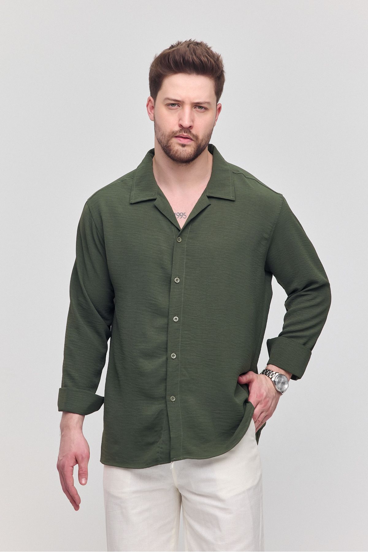 Gray Clothing Erkek Hakii Keten Aerobin Bol Kalıp Yazlık Oversize Salaş Gömlek