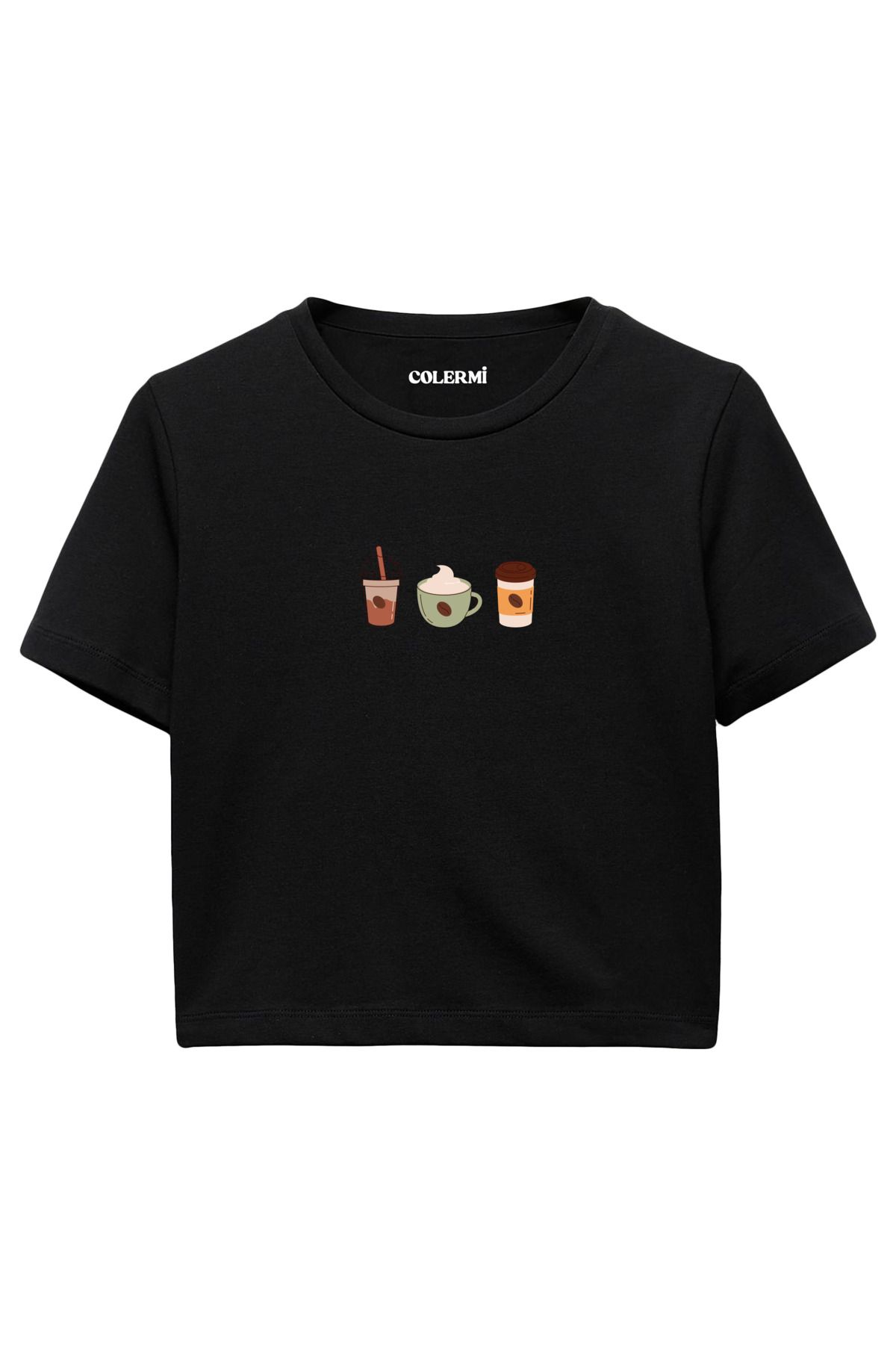 Colermi Günlük Kahve Üçlüsü Baskılı %100 Pamuk Kadın Crop Tshirt