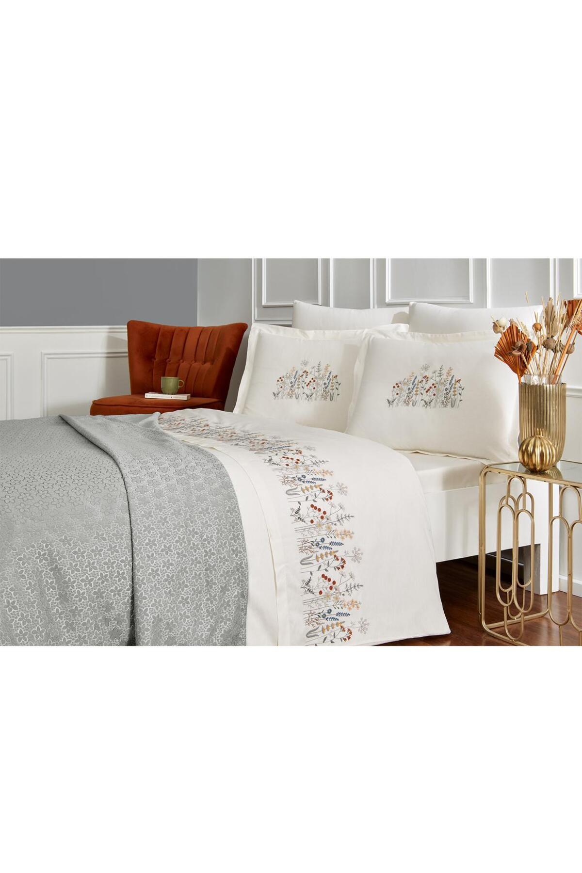 Özdilek-Özdi̇lek Double Personality Embroidered Pique Duvet Cover Set Bride Set 7 Pieces 4