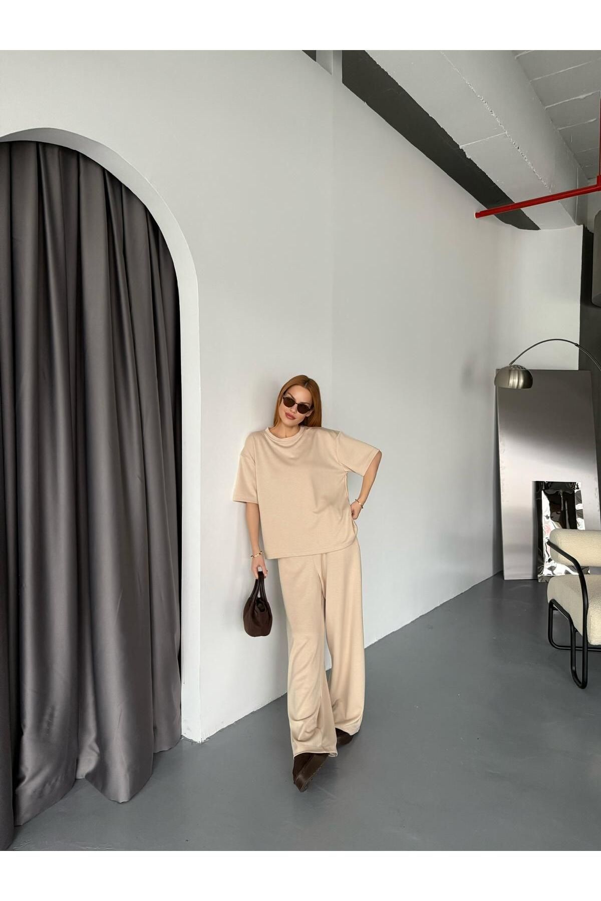 Cappmoda TKM-1113 Bej Rengi Modal Kumaş Yarım Kol Basic Bluz Palazzo Bel Lastikli Alt İkili Takım