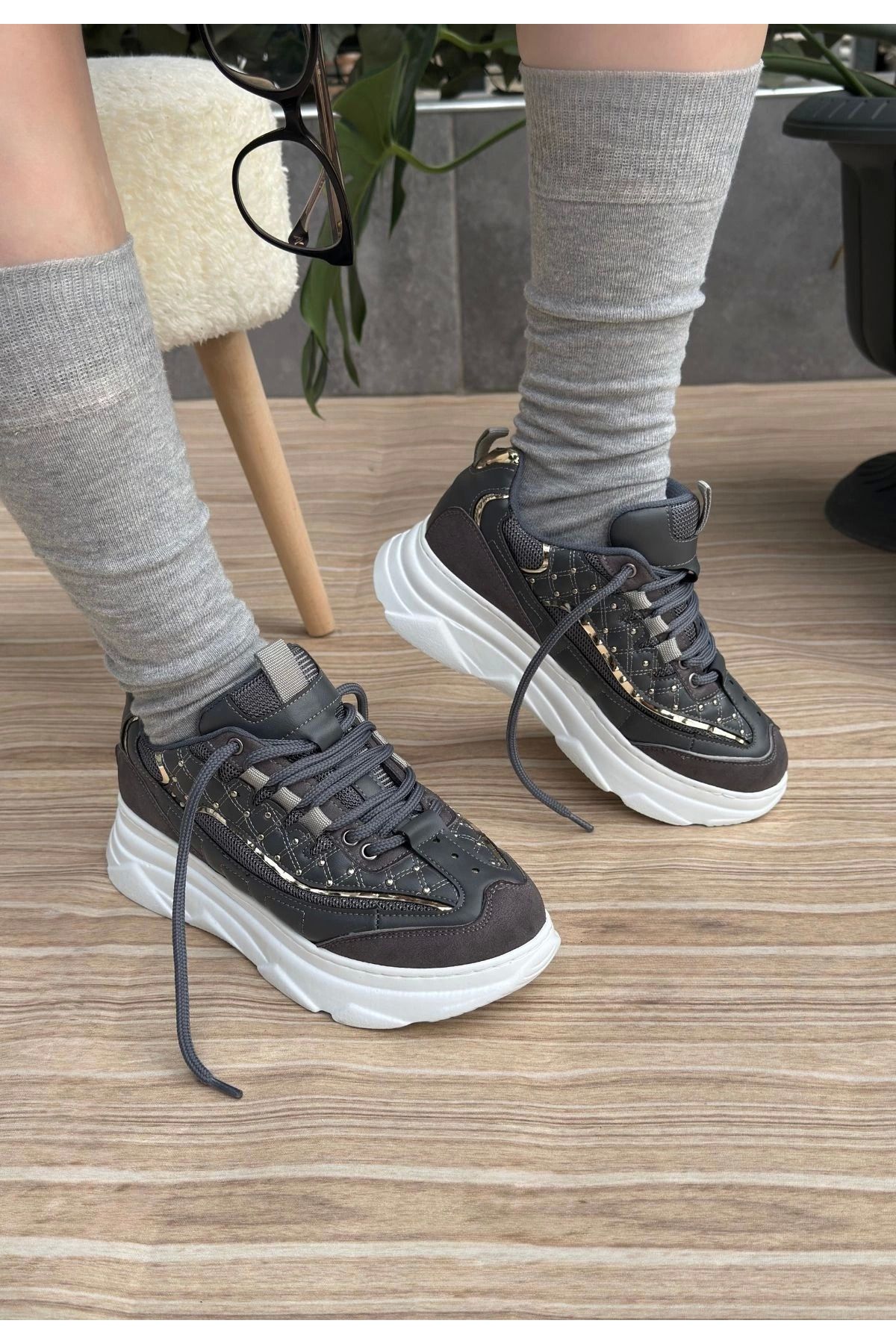Shop58 Aleid Gri Cilt Bağcıklı Spor Ayakkabı
