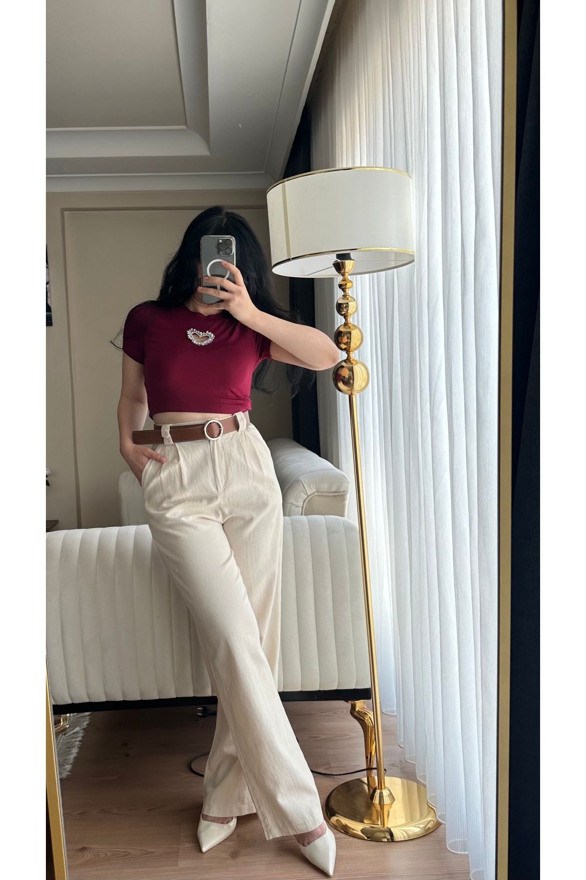 Elegant Kemerli Belden Lastikli Keten Pantolon