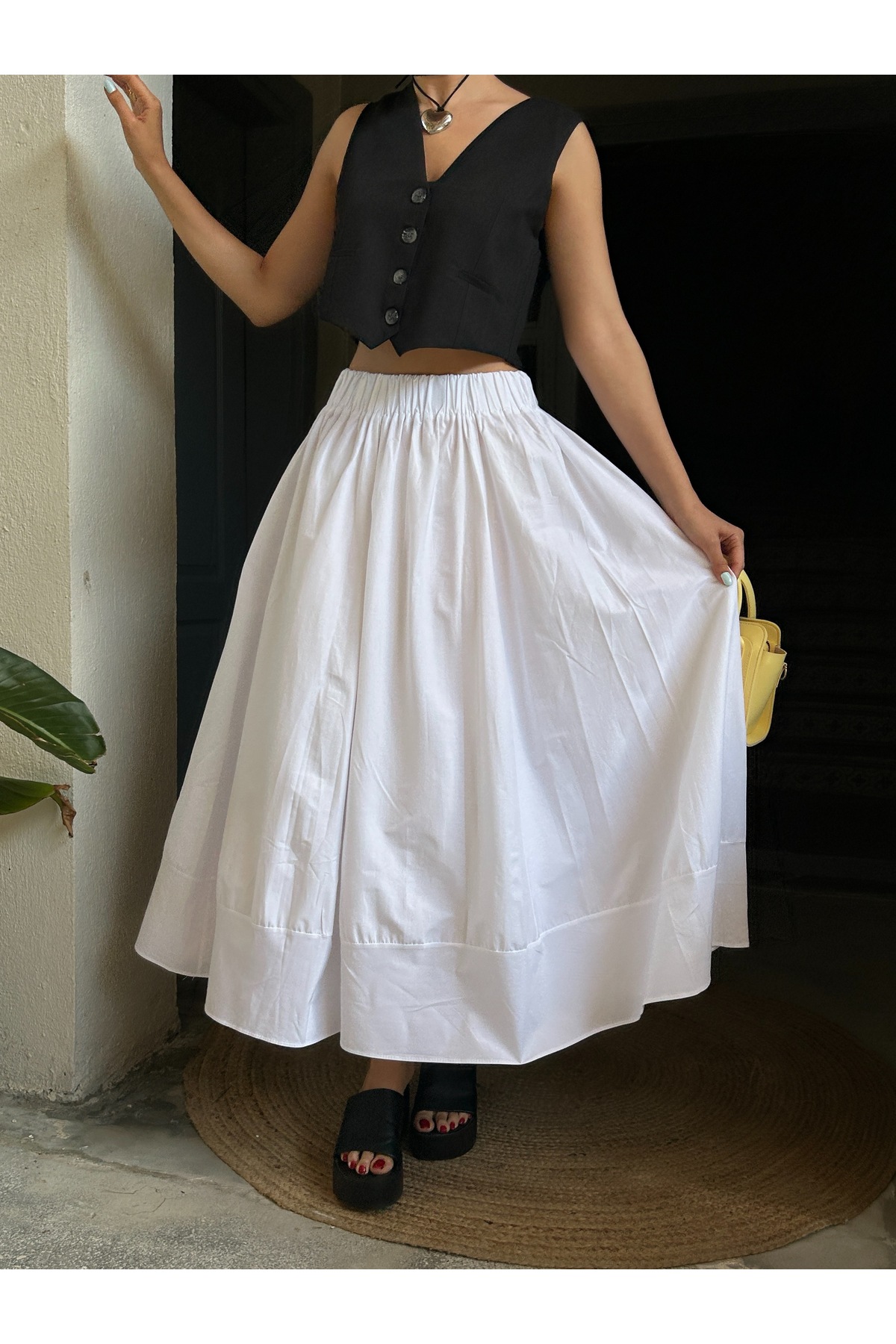 minaaise  Beyaz Poplin Beli Lastikli Uzun Etek 27321 - Görsel 7