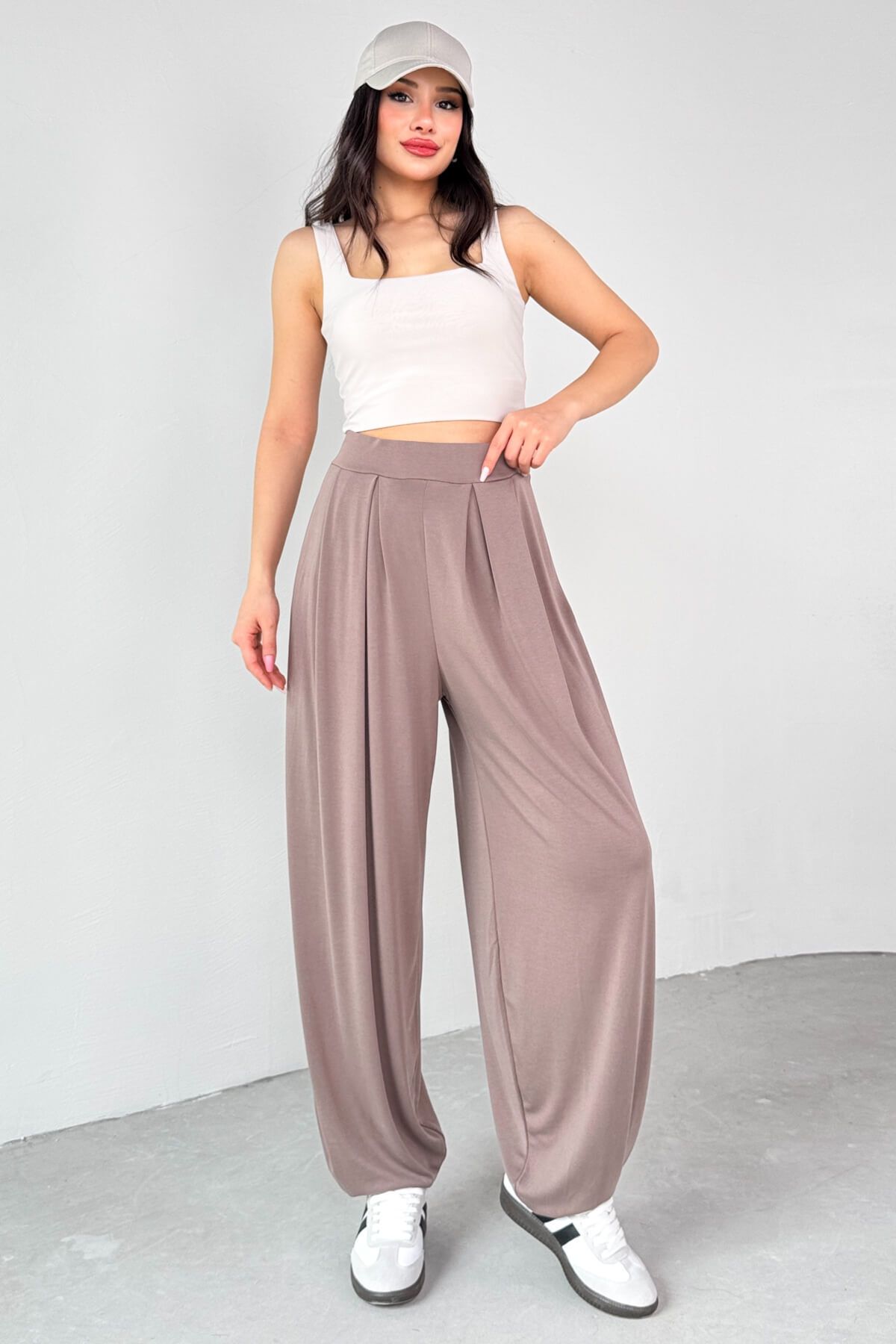 Cappmoda PNT-07417 Kahverengi Bel Lastikli Şalvar Pantolon