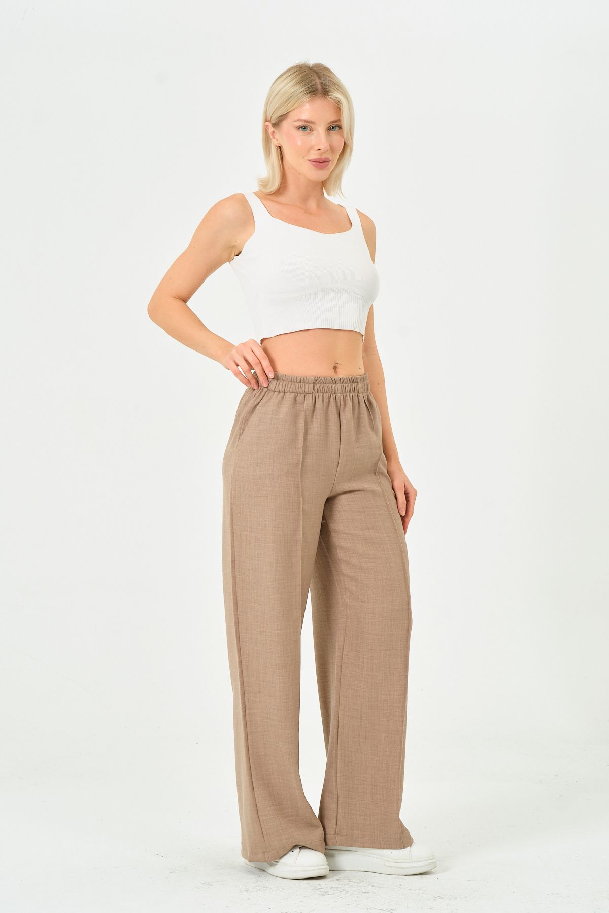 Shilya Fashion Keten Karışımlı Oversize Önden Dikiş İşlemeli Beli Lastikli Bol Pantolon