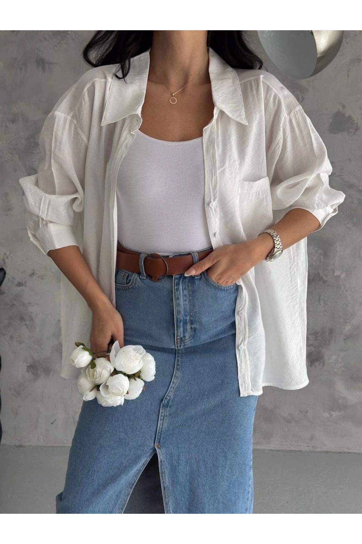 Shop58 Modal oversize cepli gömlek
