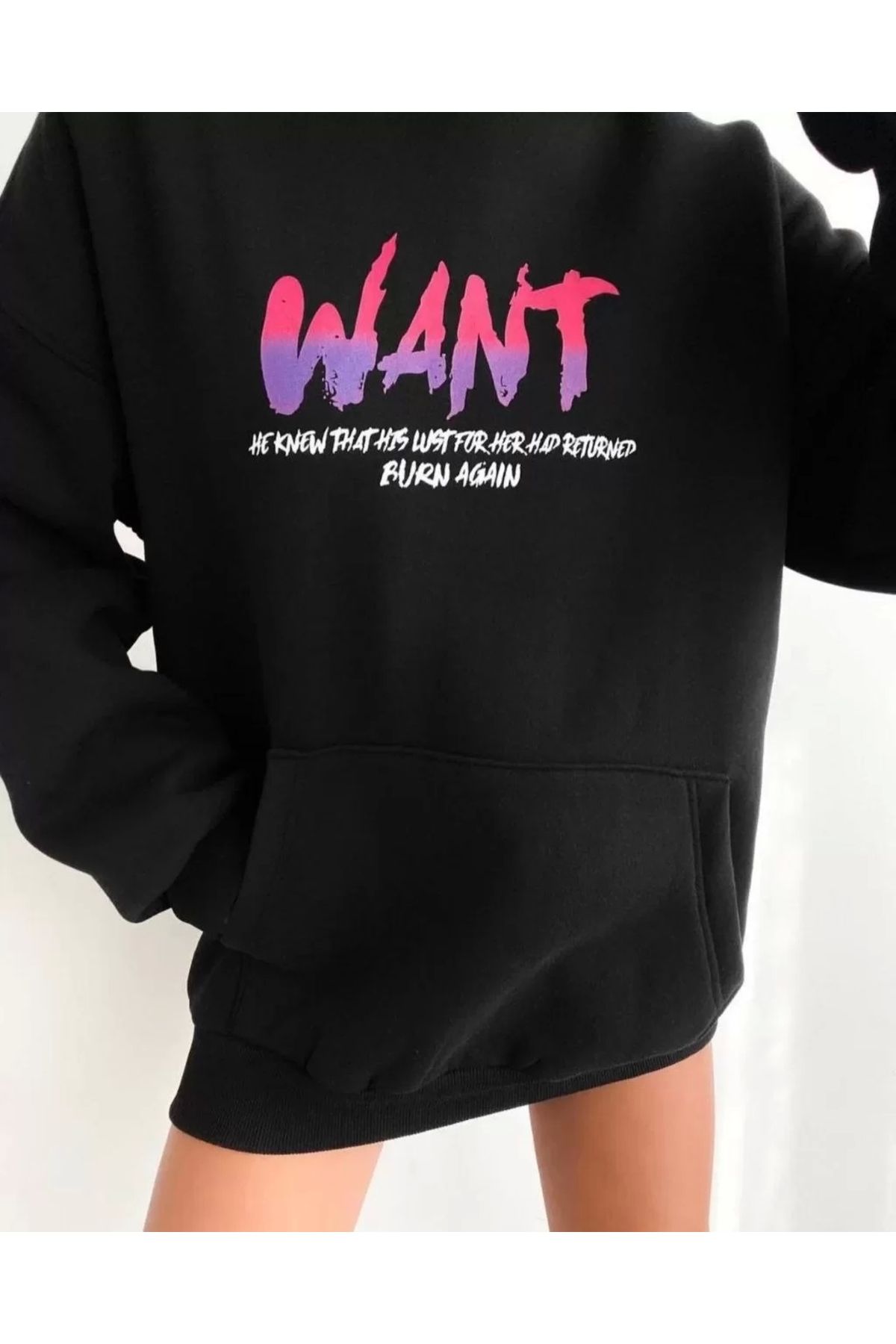 CVS Baskılı Üç İplik Kapüşonlu Oversize Sweatshirt - Siyah