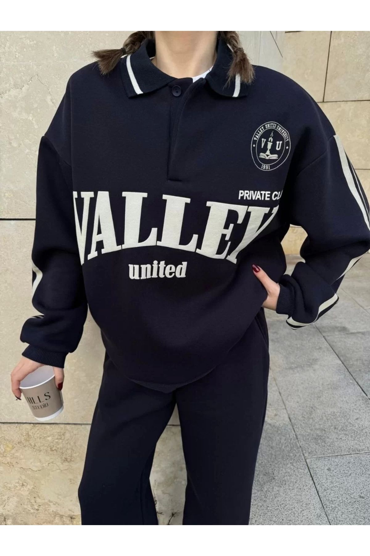 CVS Üç İplik Yakalı Sweat Baggy Pantalonlu Takım - Siyah