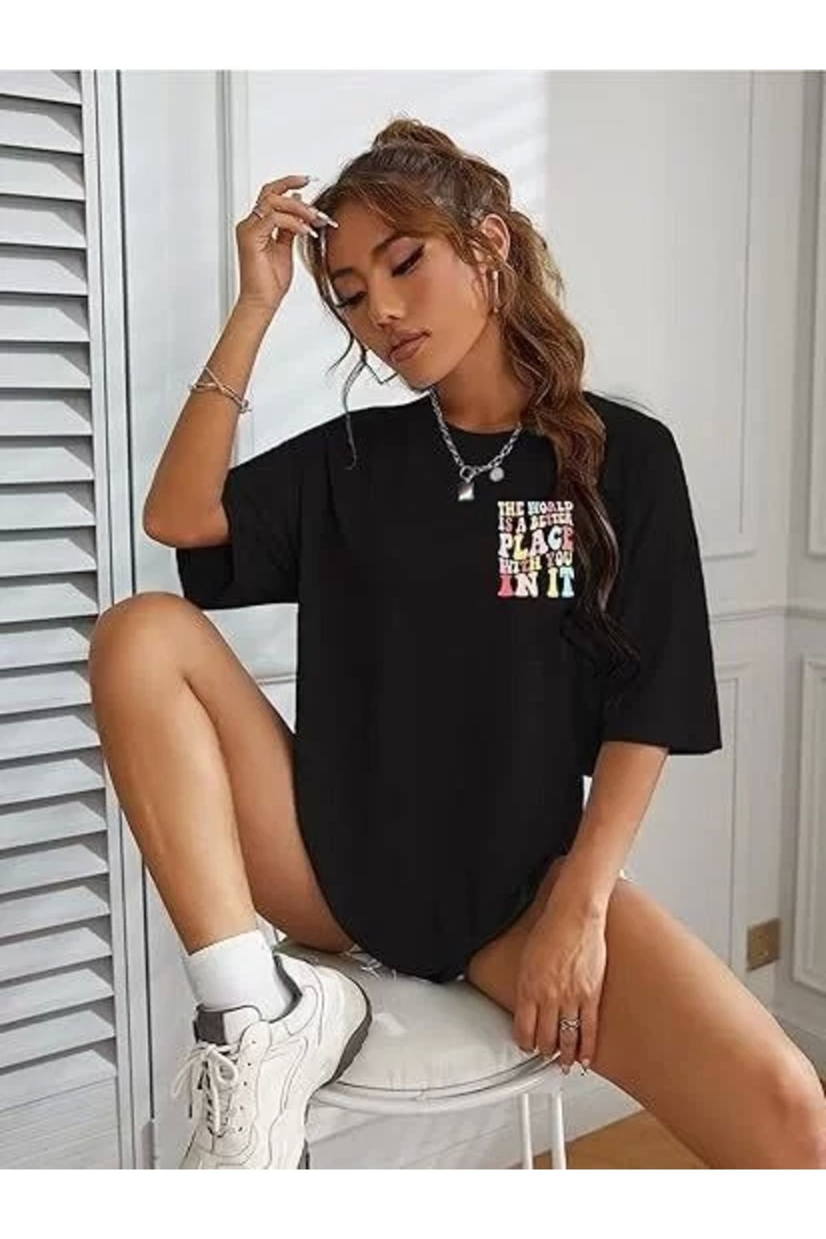 CVS Kadın Bisiklet Yaka Baskılı T-shirt - Siyah