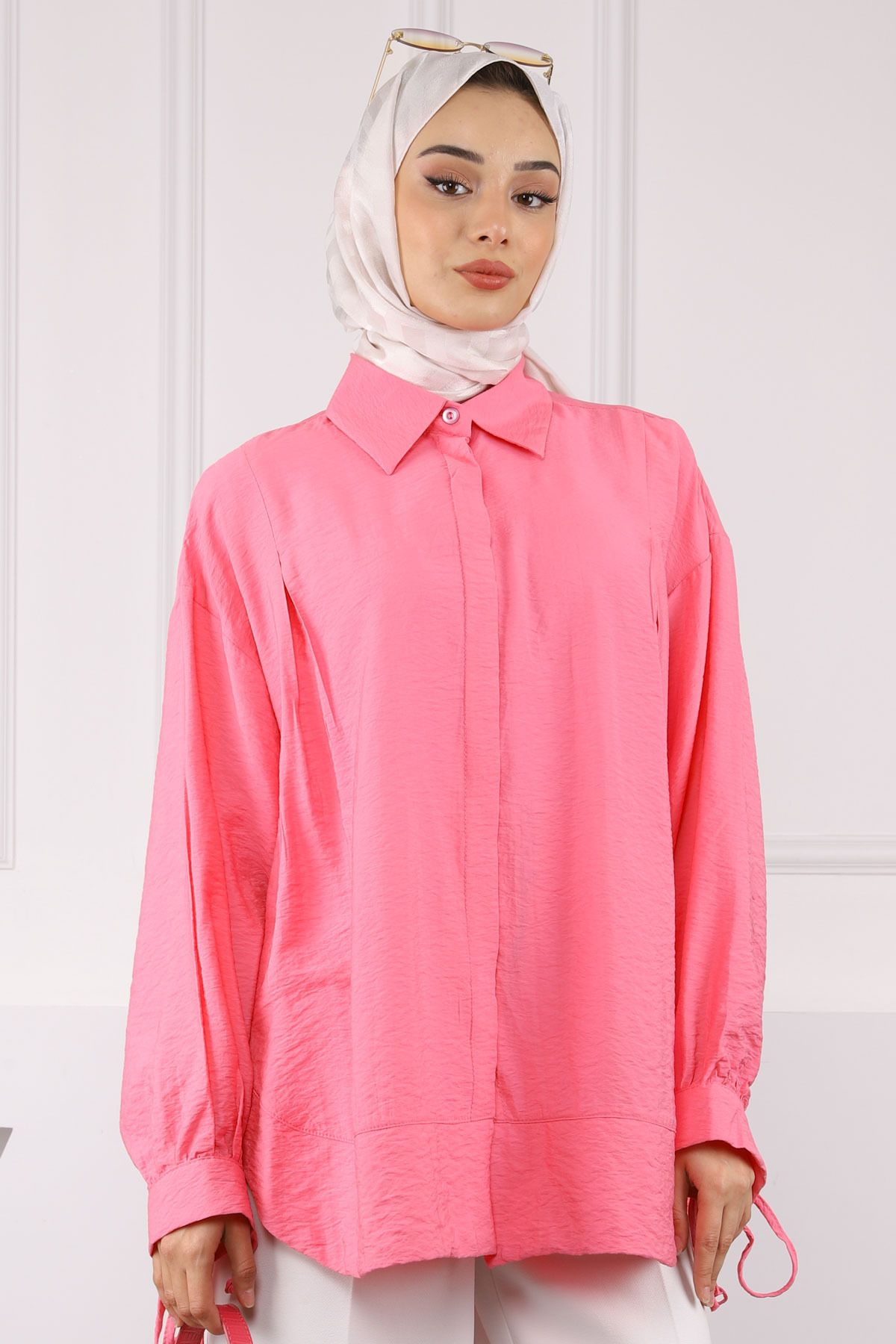 İmajButik Pembe Kol Bağlamalı Salaş Gömlek