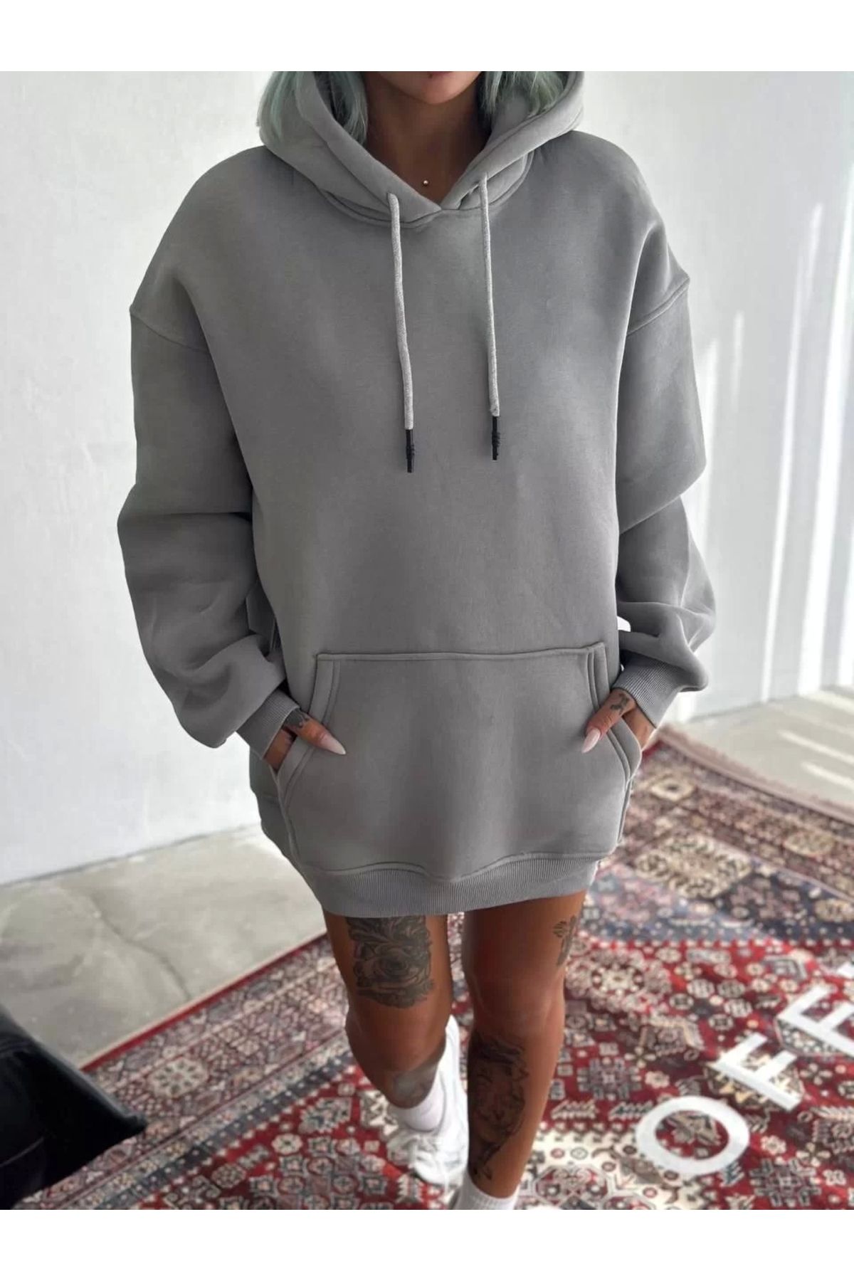 CVS Kapüşonlu Üç İplik Penye Basic SweatShirt - Boyalı Gri