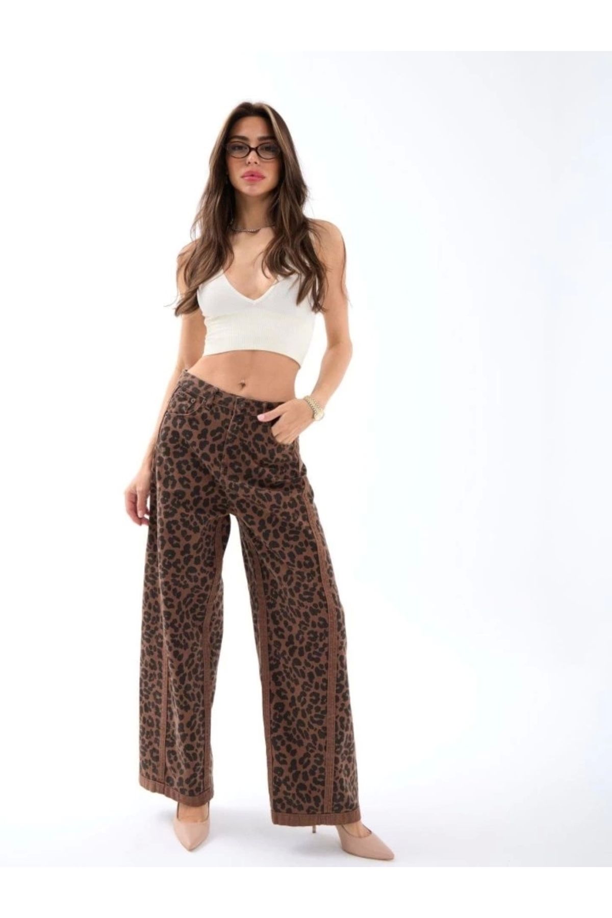 buHillco Kadın Leopar Desenli Geniş Paça Normal Bel Pantolon