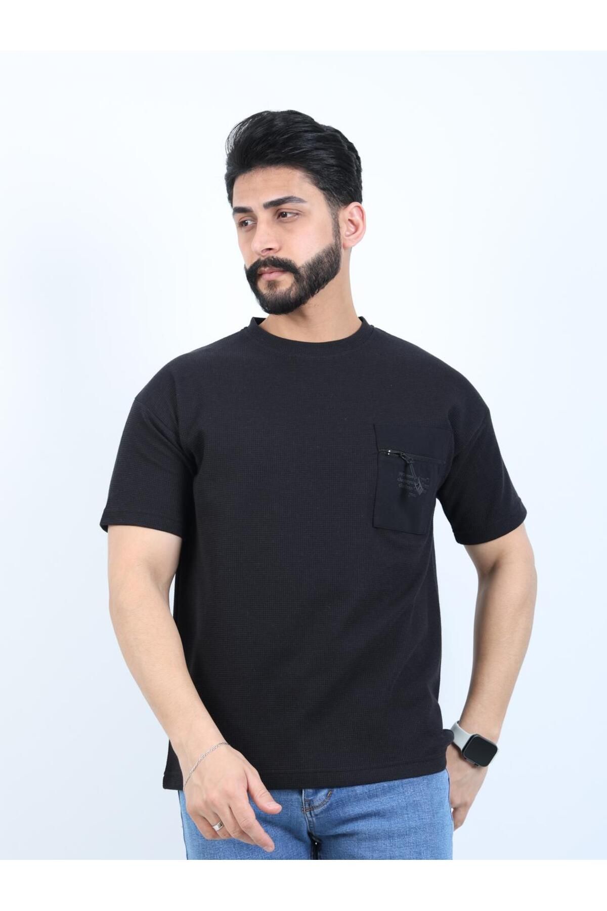 twentyfive25 Erkek Bisiklet Yaka Baskılı Cep Detaylı Oversize Tişört
