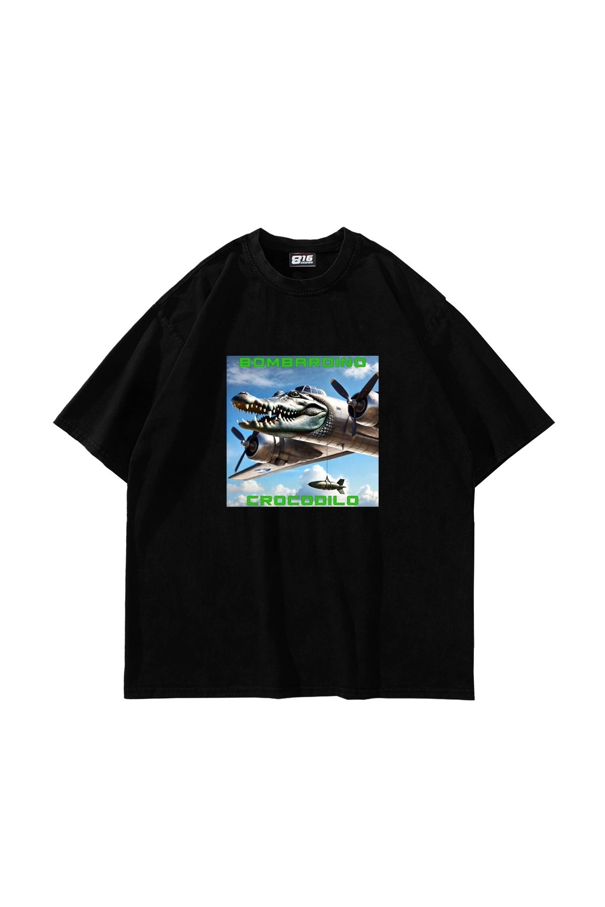 Sekizbiraltı Bombardıro Crocodılo Baskılı Oversize Unisex Siyah Tshirt