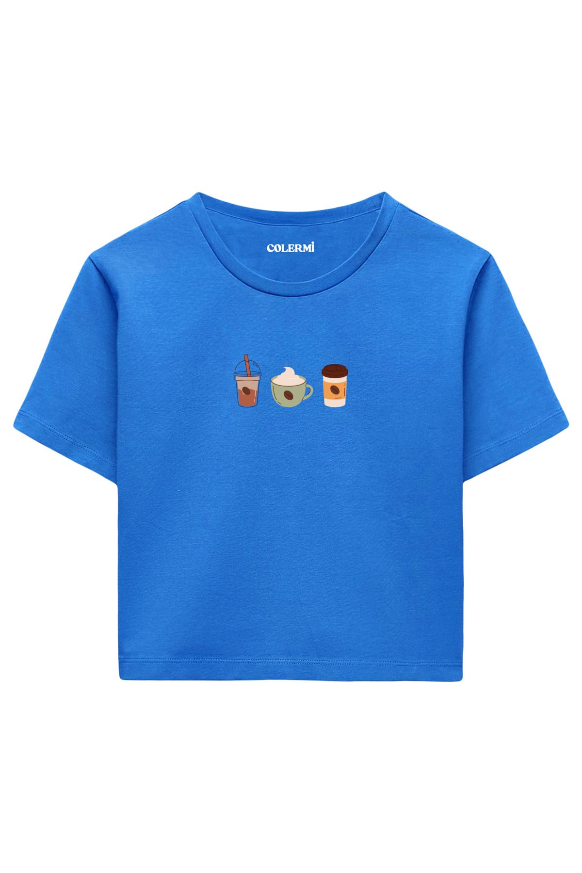Colermi Günlük Kahve Üçlüsü Baskılı %100 Pamuk Kadın Crop Tshirt