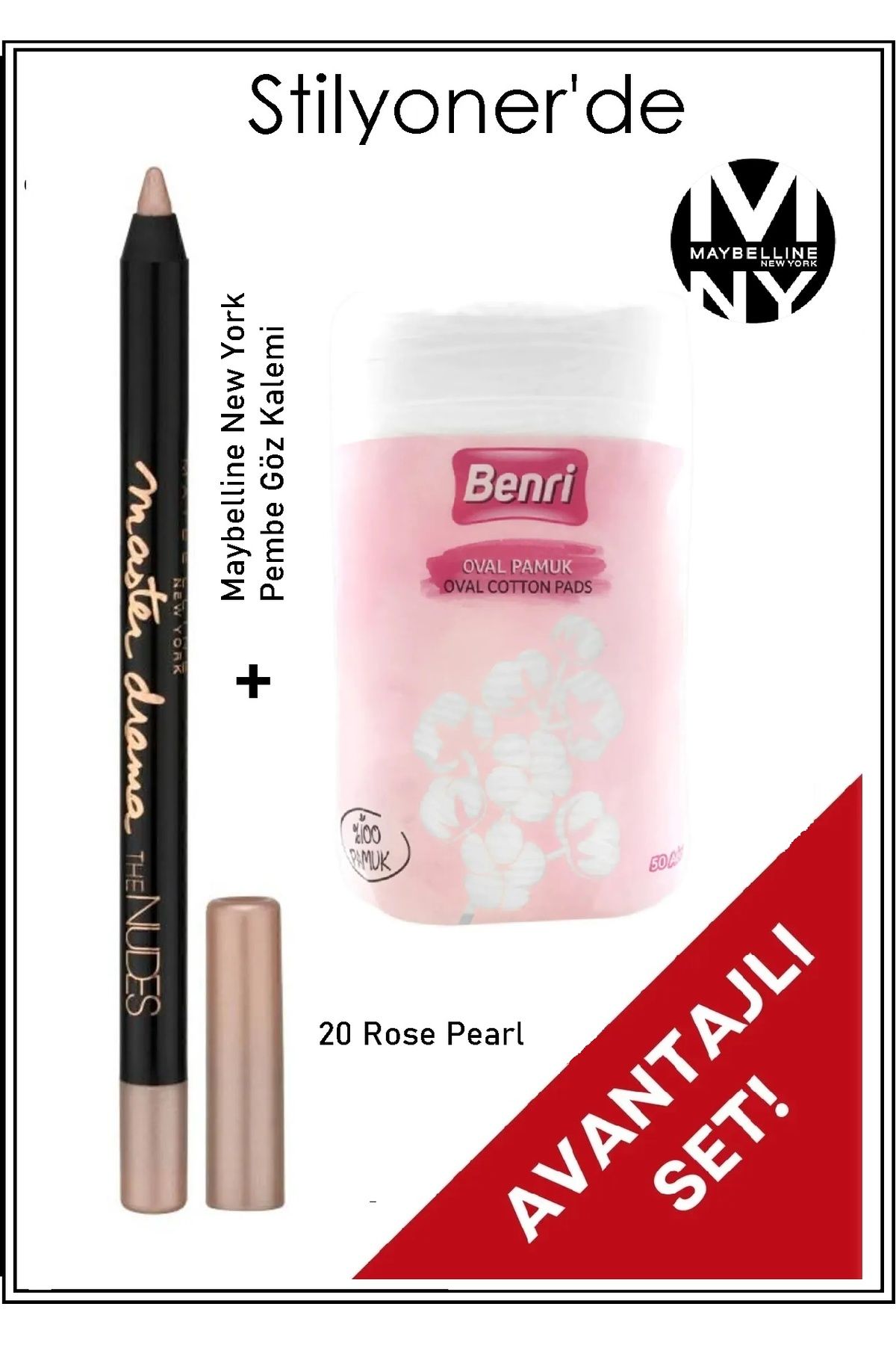 Stilyoner Maybeline Master Drama Nudes Rose Pearl Göz Kalemi + %100 Oval Pamuk - 2 Adet Makyaj Seti