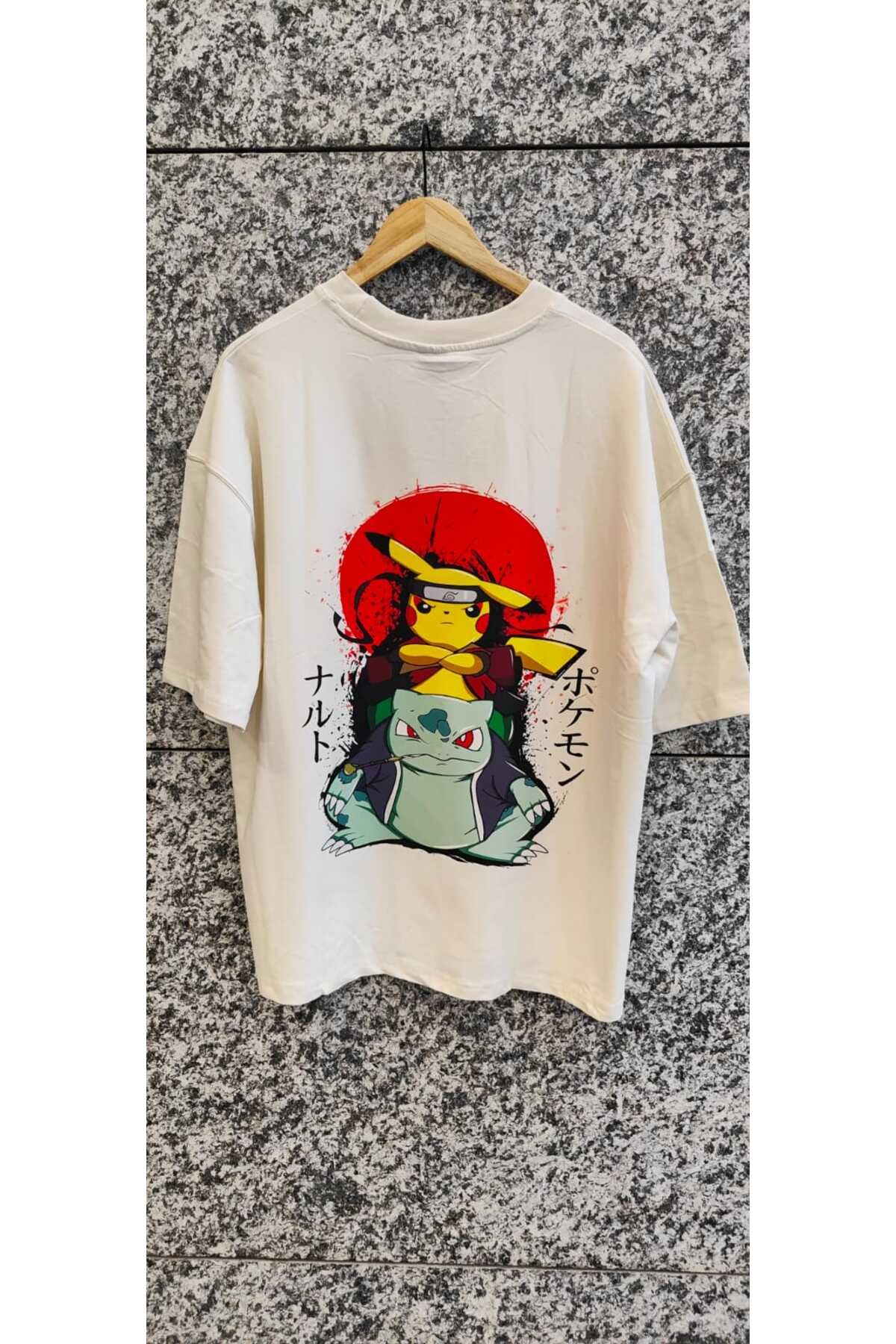 FG KONNİCHİWA POKEMON Pikachu Bulbasaur T-Shirt ART FULL OVERSİZE GENİŞ KALIP DOKUMA %100 PAMUK KUMAŞ