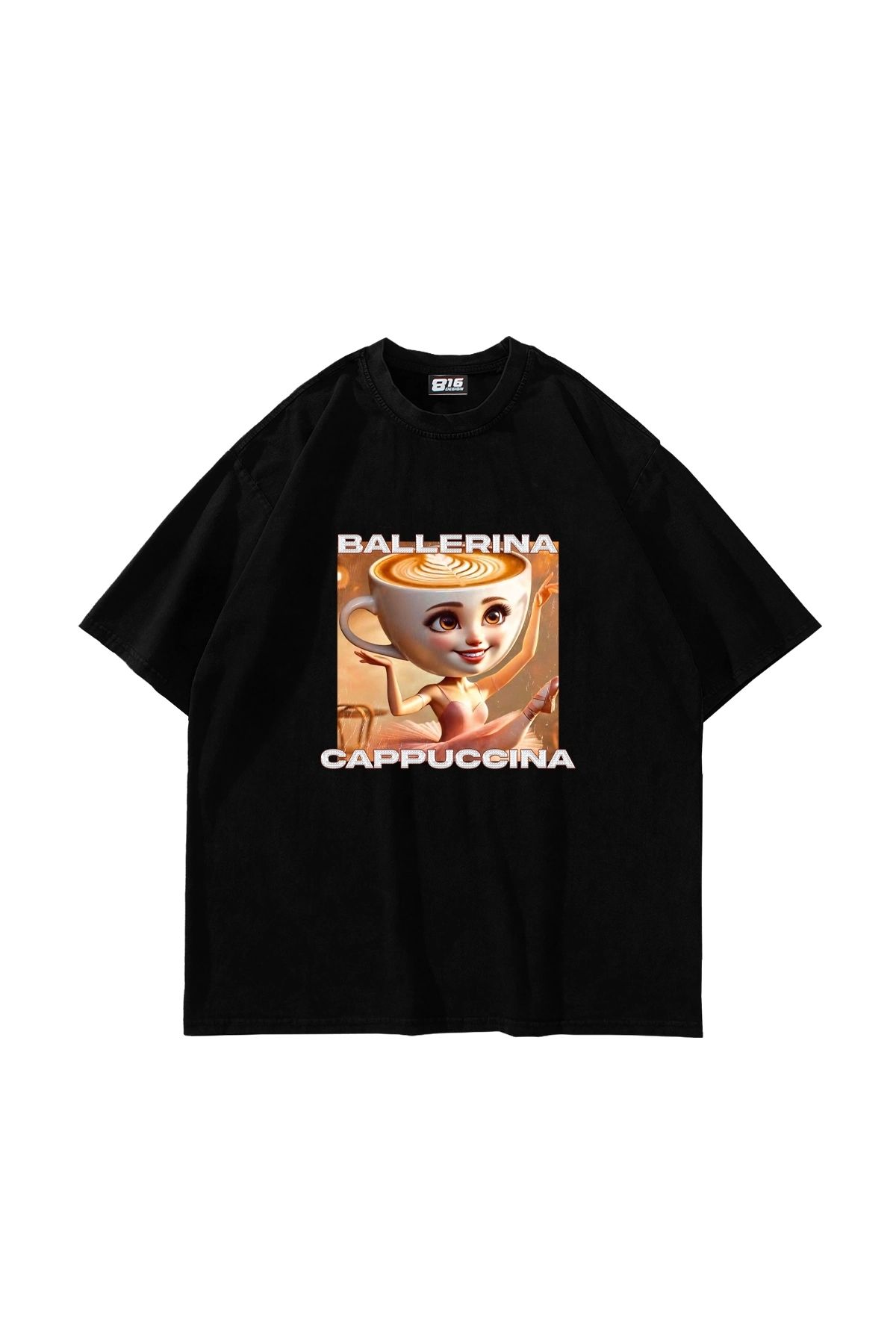 Sekizbiraltı Ballerina Cappuccina Baskılı Oversize Unisex Siyah Tshirt