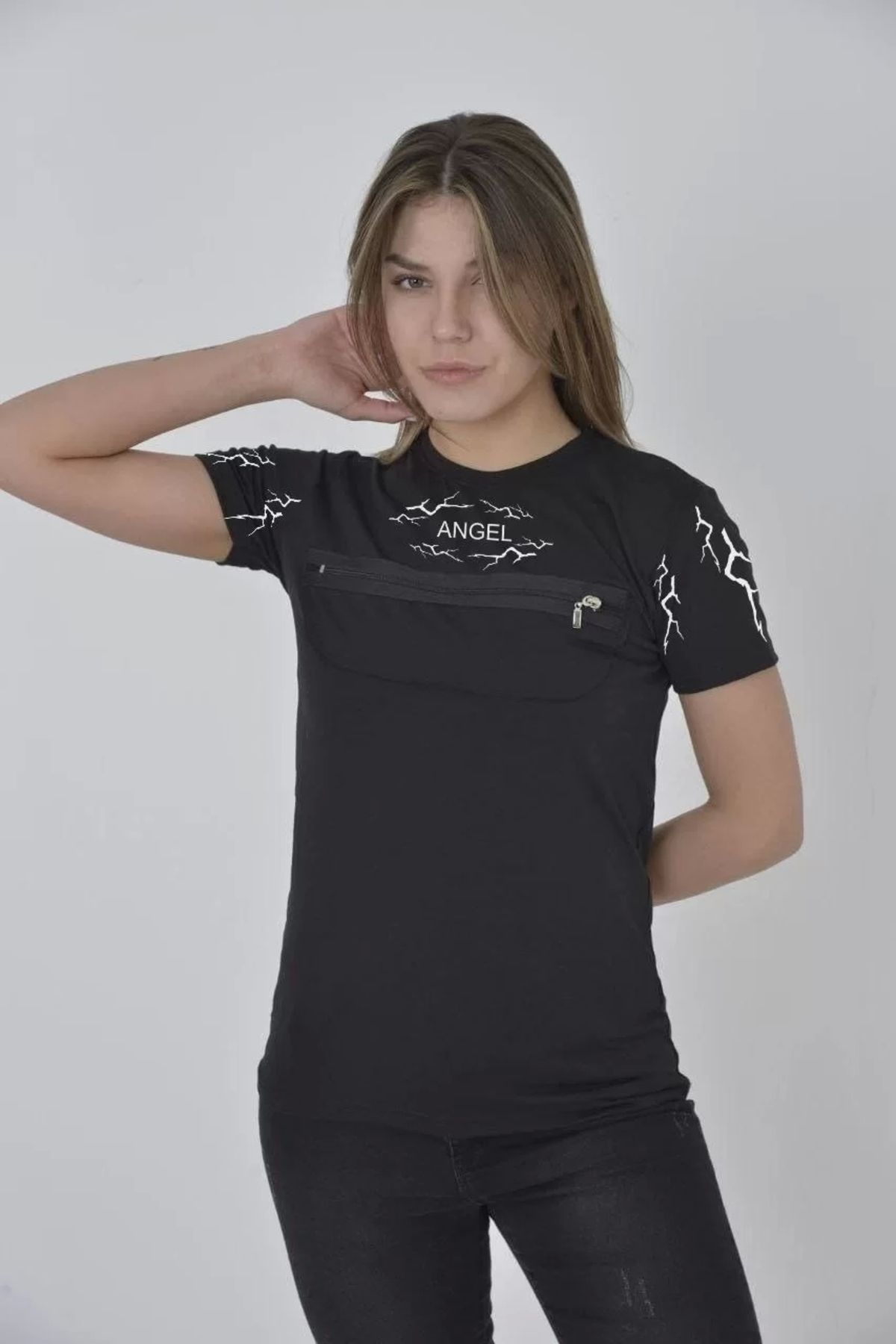 CVS Unisex Göğüs Fermuarlı Baskılı T-Shirt - Siyah