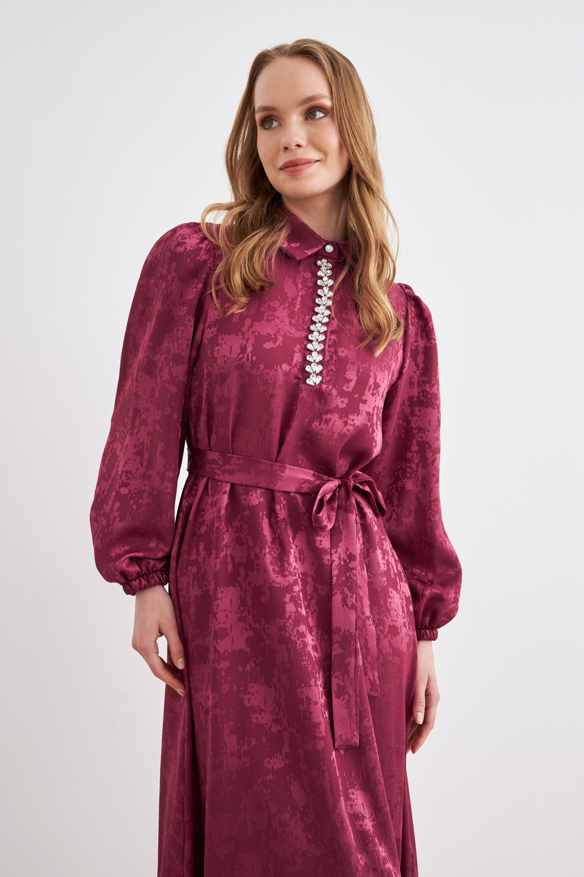 VAVİNOR-Mayra Stone Jacquard Dress - Claret Red 4