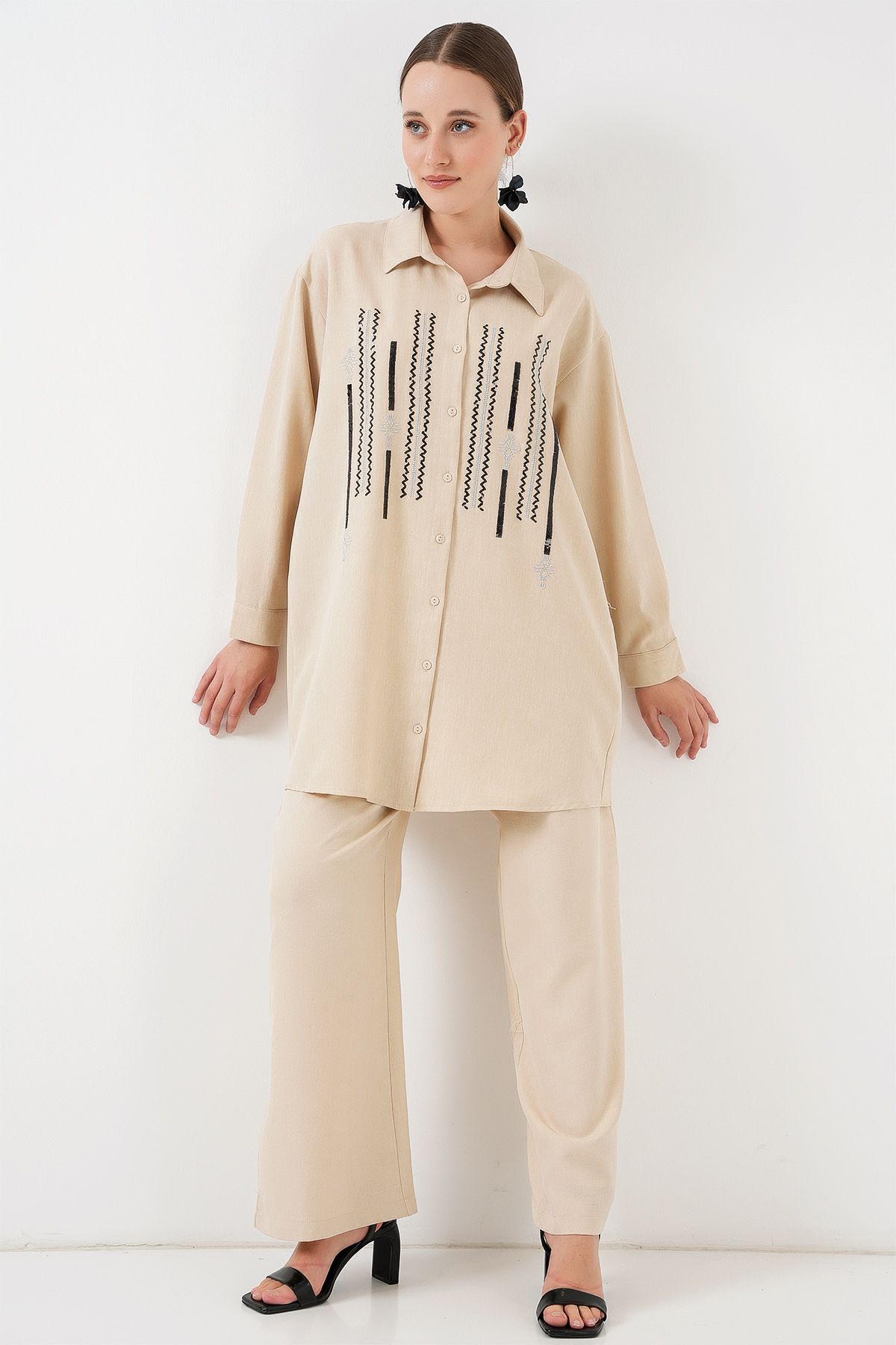 Bigdart-Patterned Tunic Trousers Double Set 6720 - Cream 3