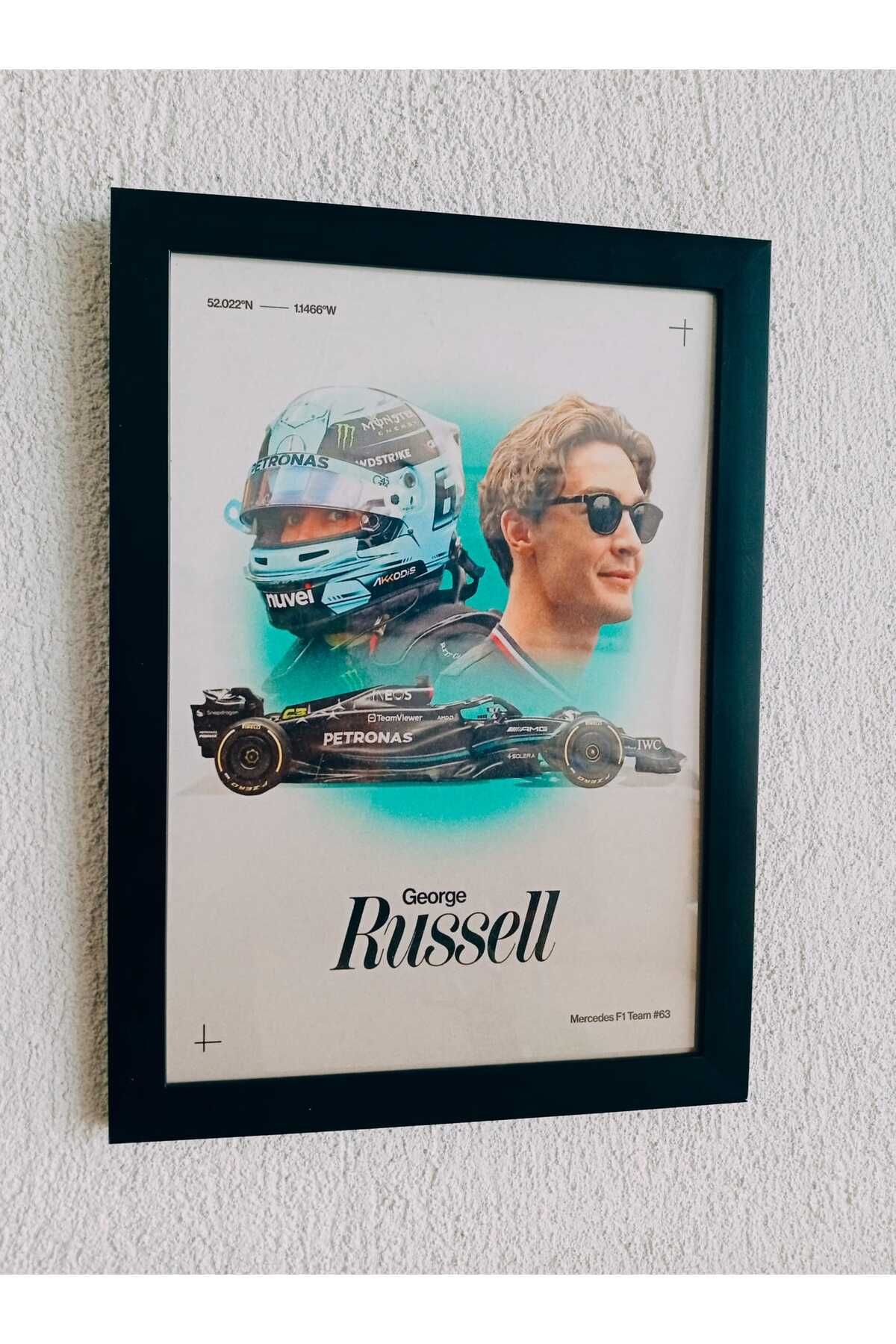 Erdizayn George Russell Formula 1, F1 Poster Tablo 1 mm Şeffaf Korumalı ve Çerçeveli