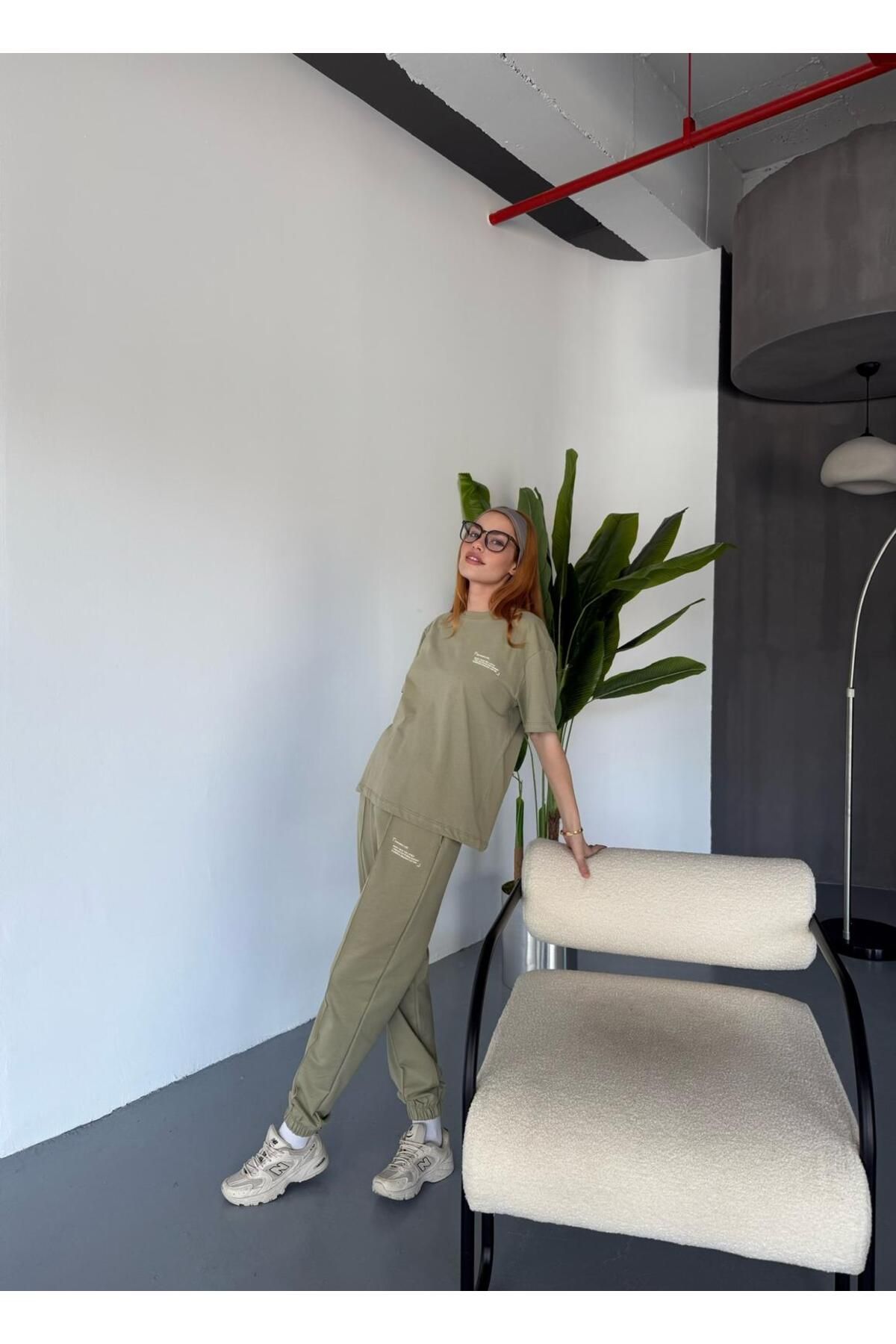 Cappmoda TKM-0041 Haki Eco Basıc LIne Yazılı Enjeksiyon Baskı Bisiklet Yaka Tişört Bel Lastikli Çimalı Jogger