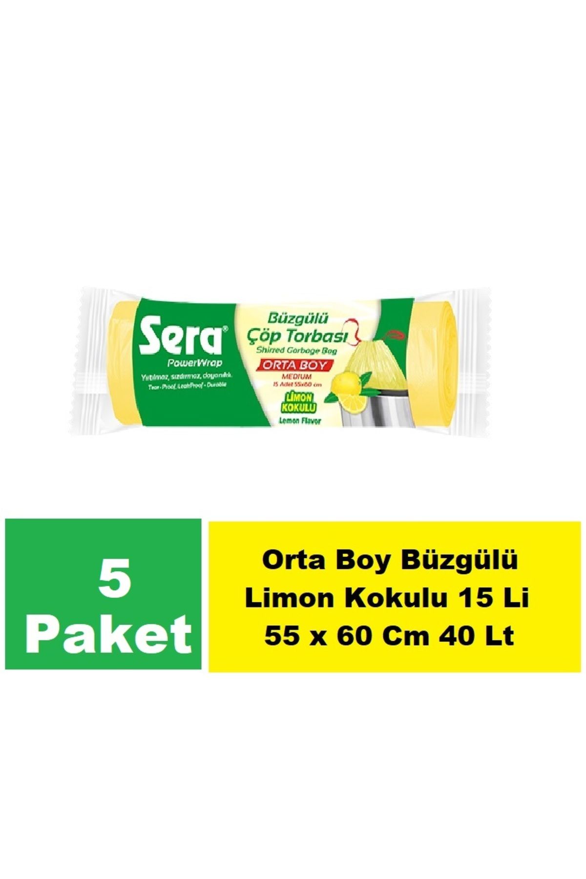 SERA Çöp Torbası Büzgülü Limon Kokulu Orta Boy 15 Li 55 x 60 Cm x 5 Paket