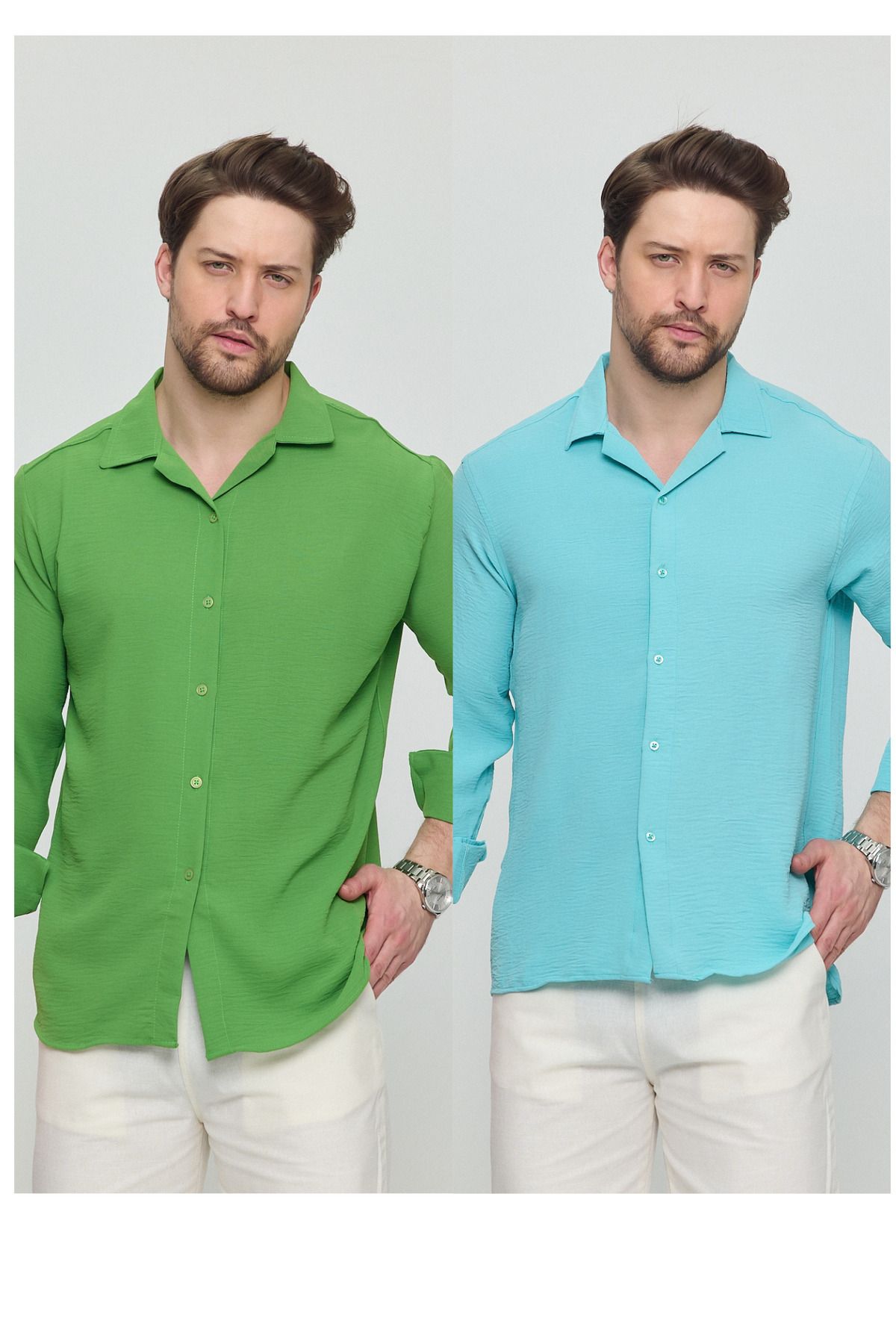 Gray Clothing 2'Lİ PAKET KETEN DOKULU OVERSİZE GÖMLEK FISTIKYEŞİLİTURKUAZ