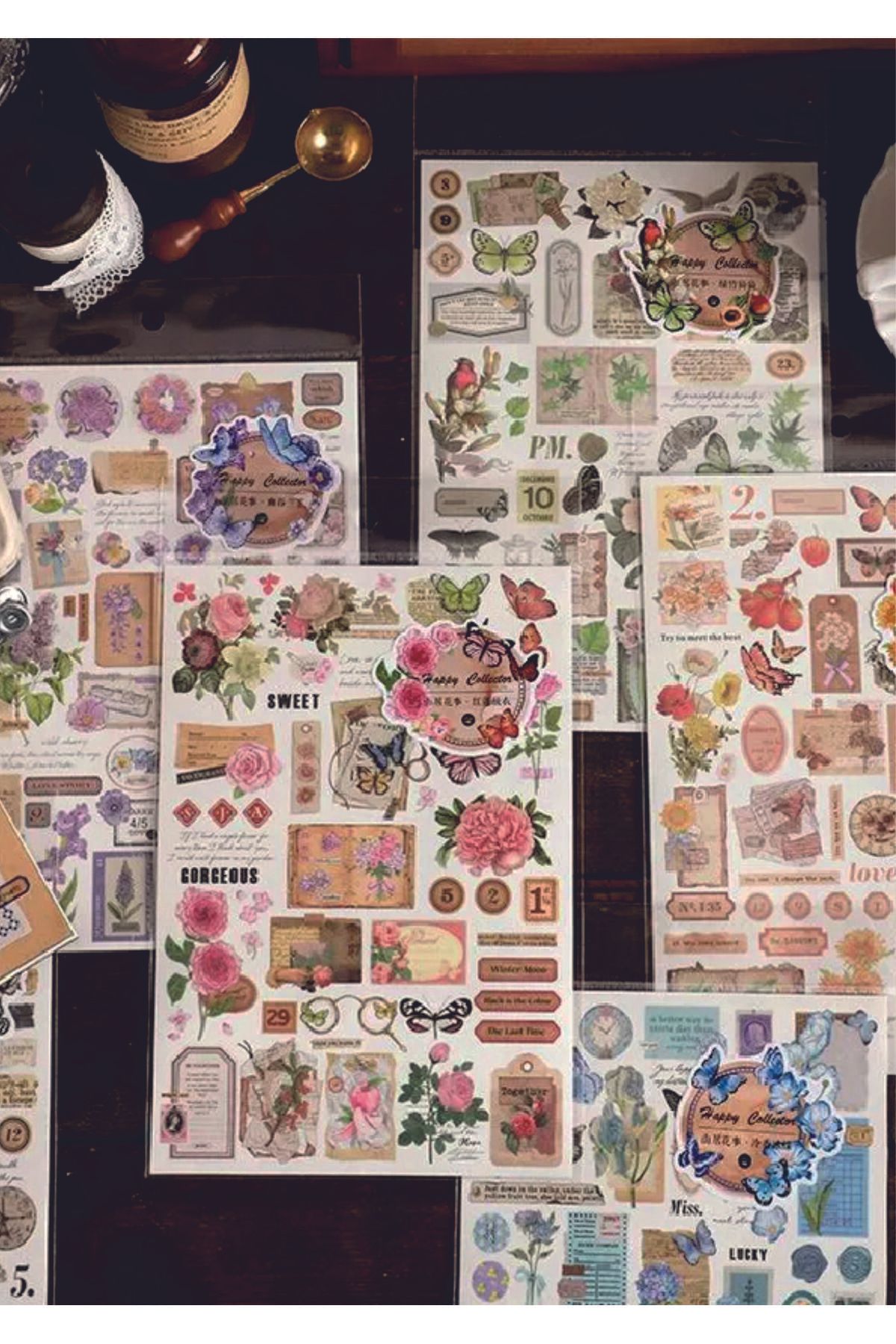 WALLHUMAN Retro Çiçek Kelebek 6'Lİ Set Çıkartmaları Ajanda Bullet Journal için Suya Dayanıklı Sticker