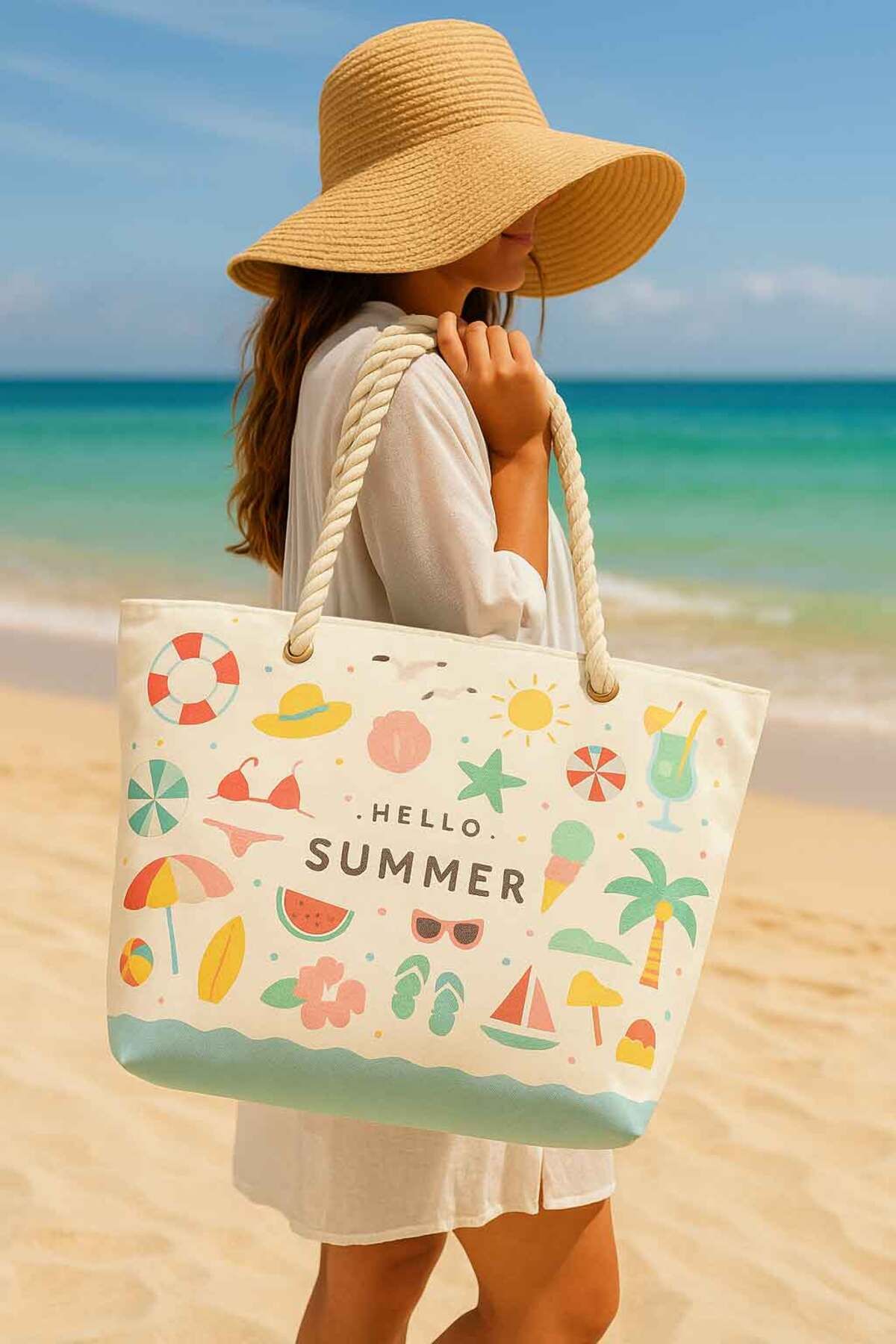 PRENDİ HOME Hello Summer Desenli Büyük Boy Piknik ve Plaj Çantası – Halat Saplı – 55x36x15 cm