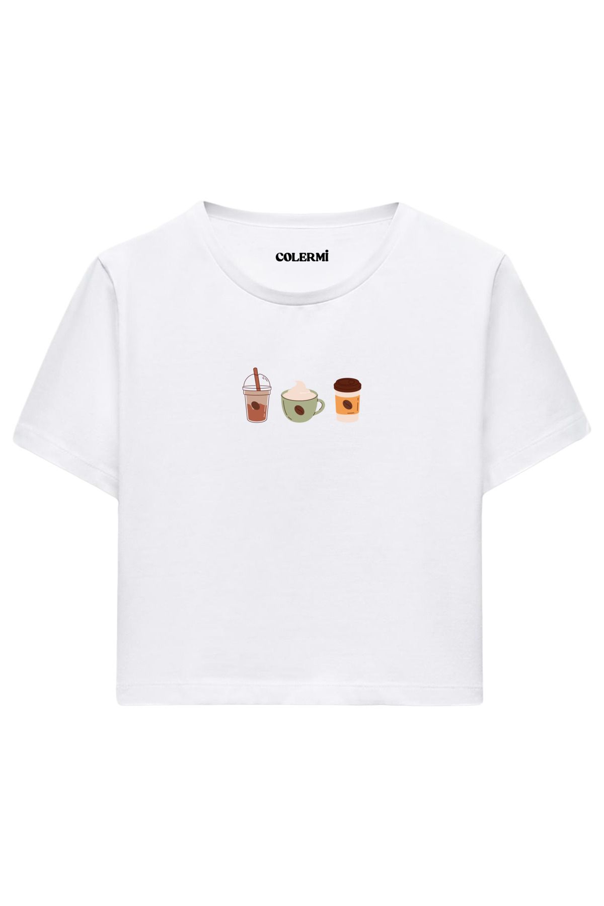Colermi Günlük Kahve Üçlüsü Baskılı %100 Pamuk Kadın Crop Tshirt