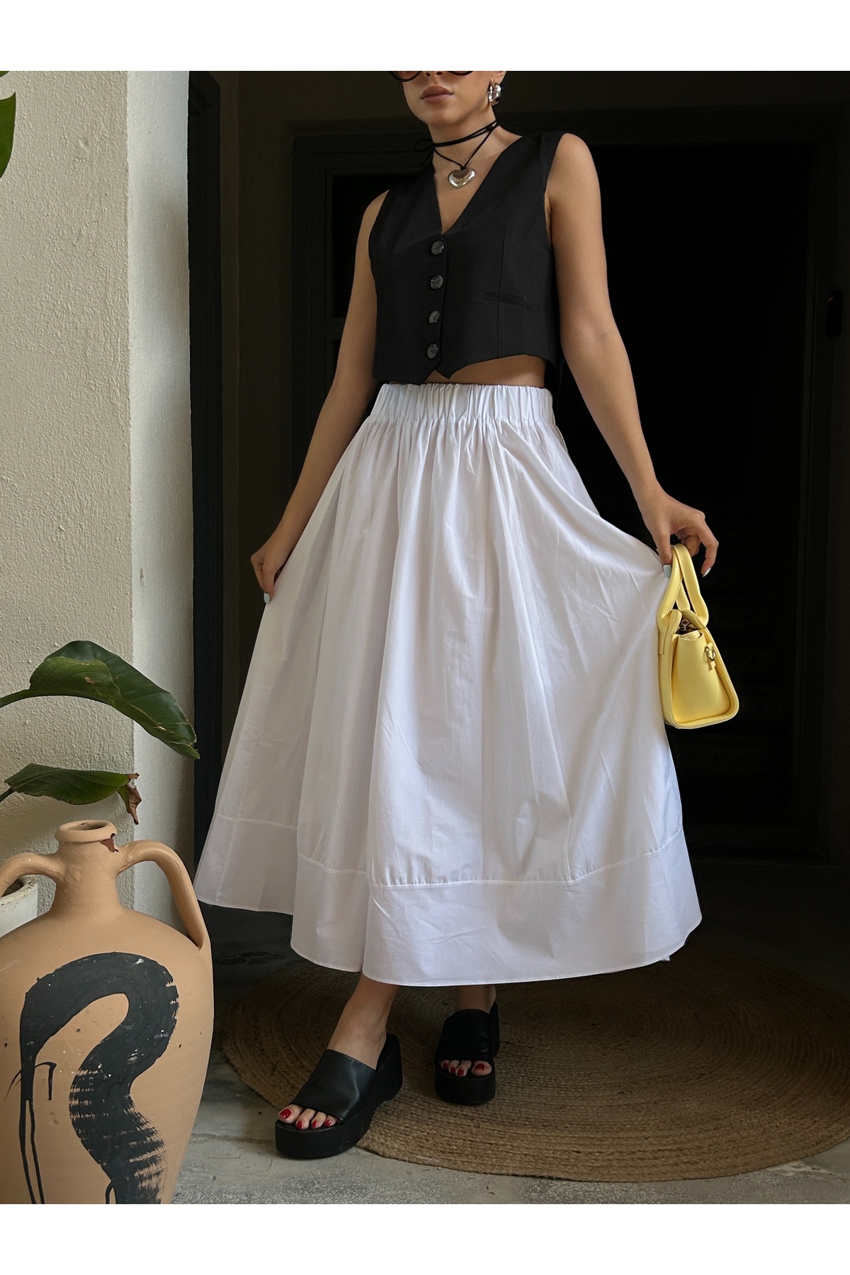 minaaise  Beyaz Poplin Beli Lastikli Uzun Etek 27321 - Görsel 3