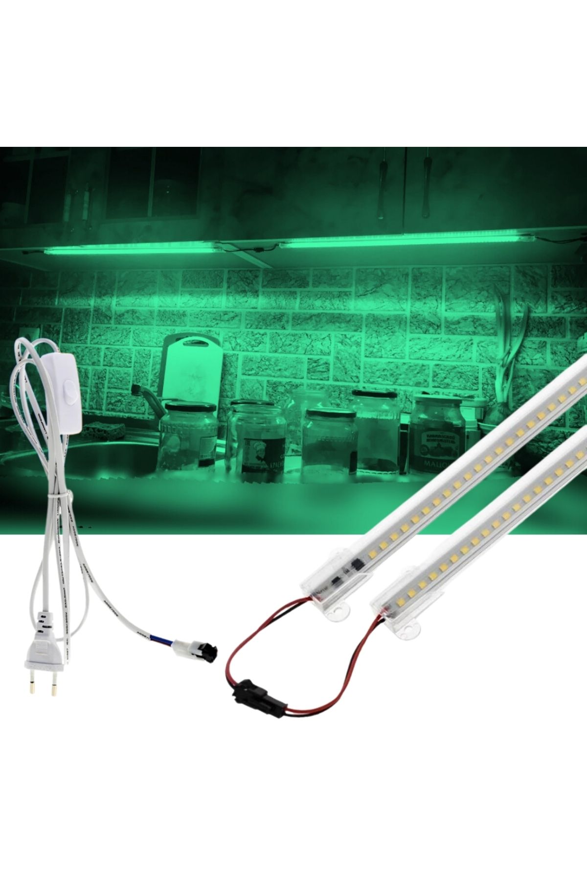 burul SB-6510 2 Adet 50 Cm 220v Şeffaf Çubuk Bar Led Yeşil Işık ve Butonlu Fiş