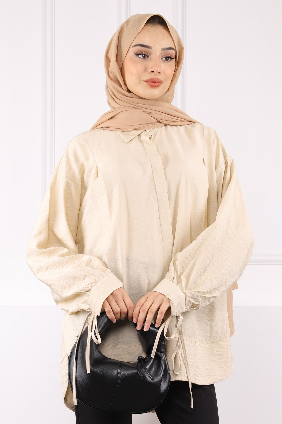 İmajButik Bej Kol Bağlamalı Salaş Gömlek