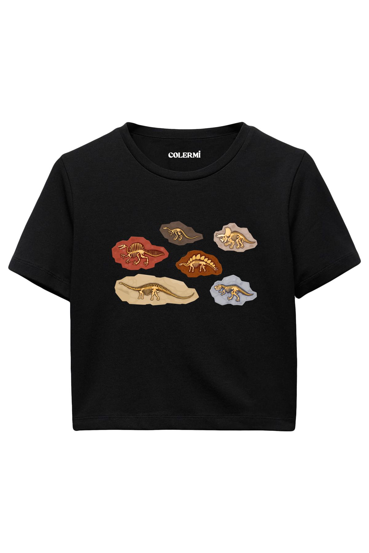 Colermi Dinozor Fosil Baskılı %100 Pamuk Kadın Crop Tshirt