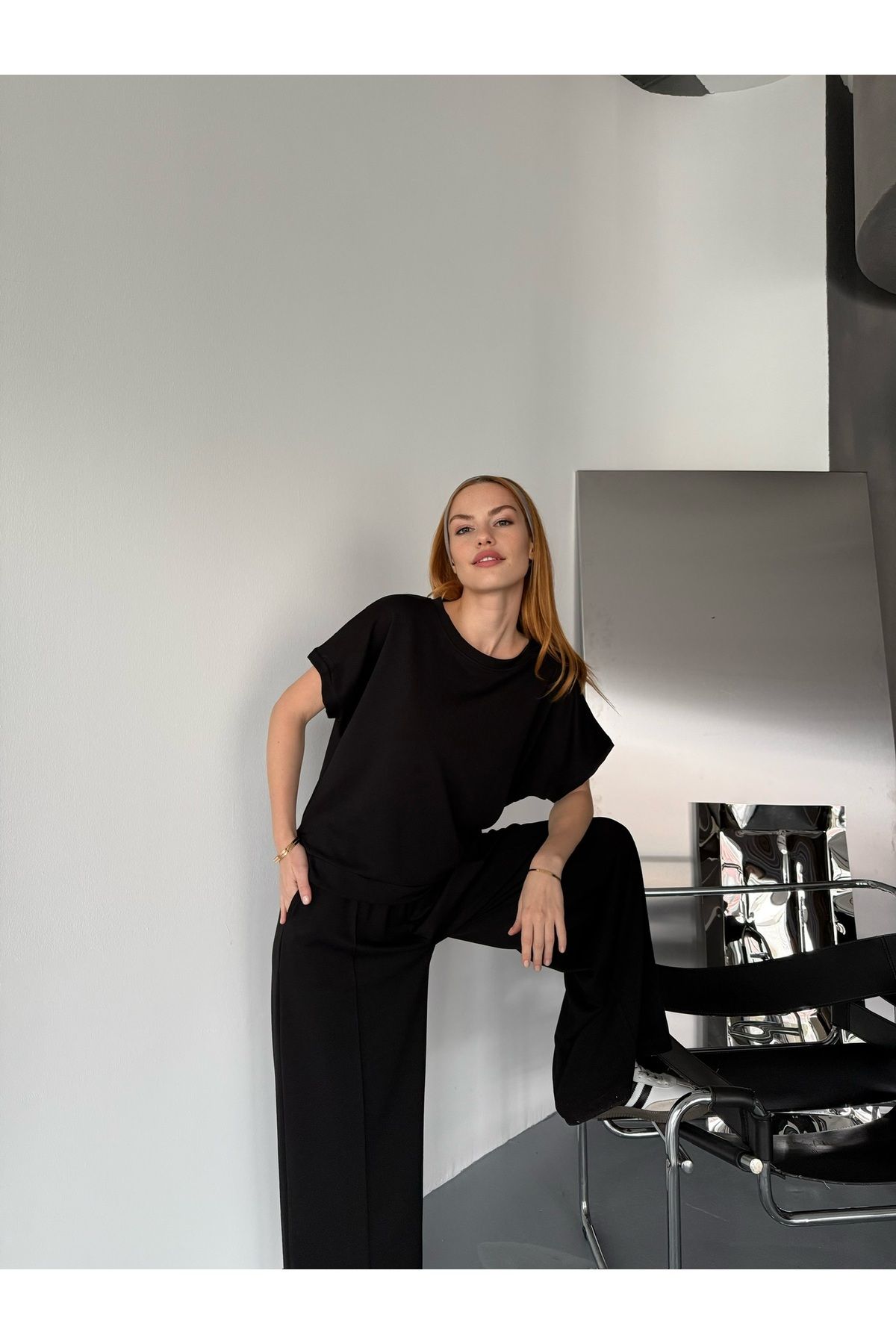 Cappmoda TKM-1111 Siyah Kısa Kollu Bluz Çimalı Salaş Palazzo Alt İkili Takım