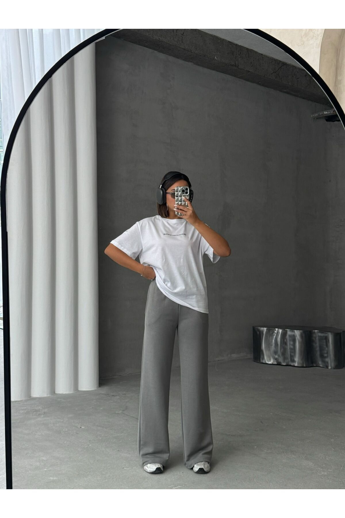 Cappmoda TKM-0048 Gri Destınatıon Is Done Yazı Enjeksiyon Baskı Bisiklet Yaka Tişört Etiket Detay Palazzo Pan