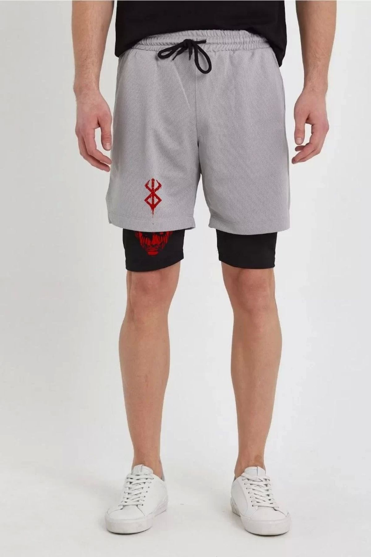 CVS Unisex Baskılı İç Cepli Sporcu Alt Taytlı Şort - Gri
