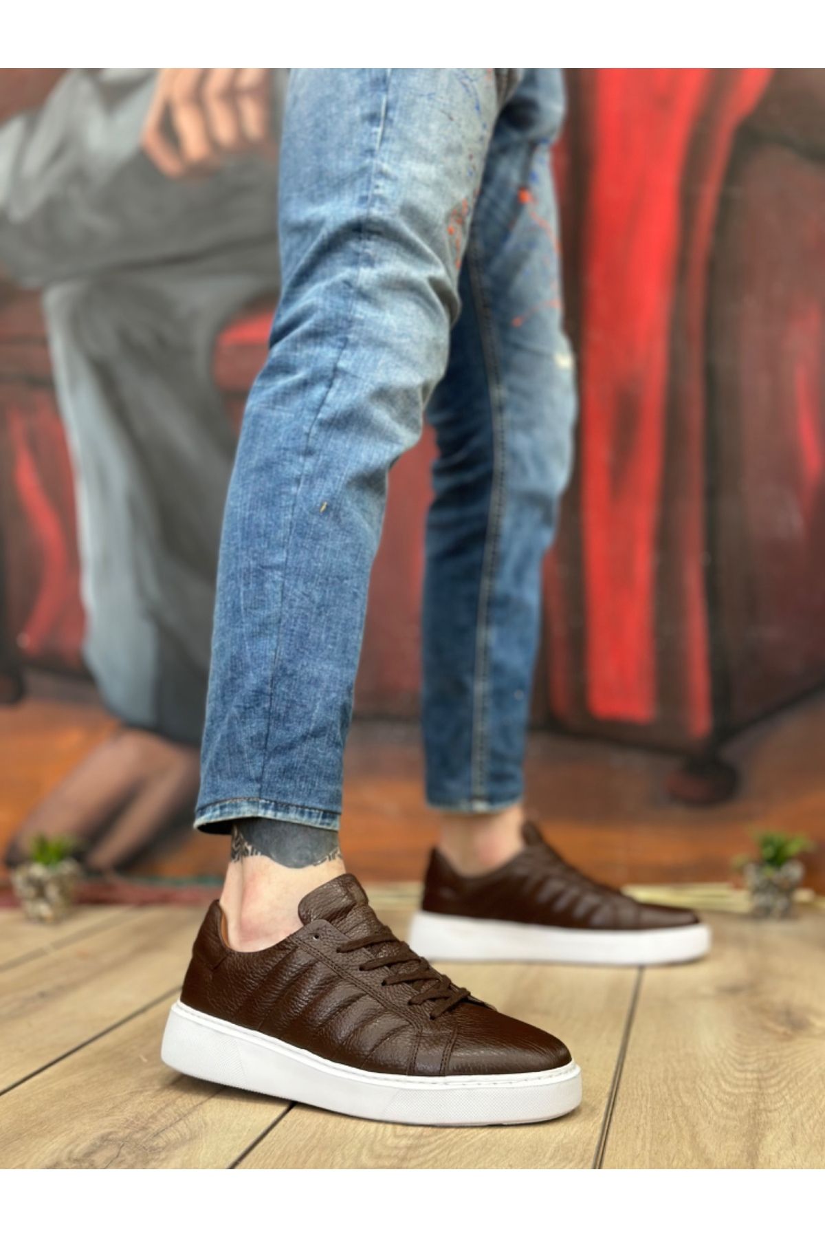 pabucmarketi Bağcıklı İçi Dışı Hakiki Deri Casual Erkek Ayakkabı KAHVE (BEYAZ TABAN)