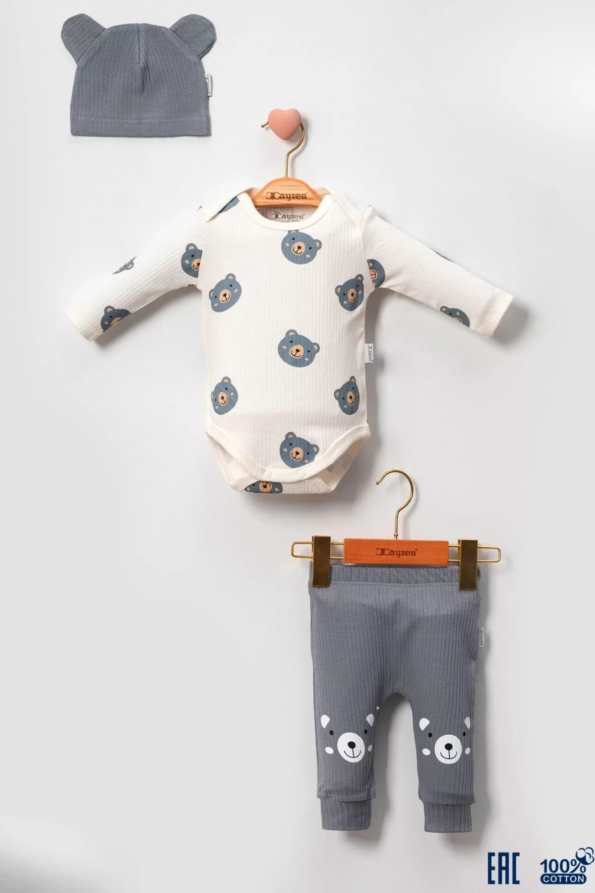 Shop58 Kulaklı Ayıcık % 100 Pamuk 3'lü Erkek Bebek Takım